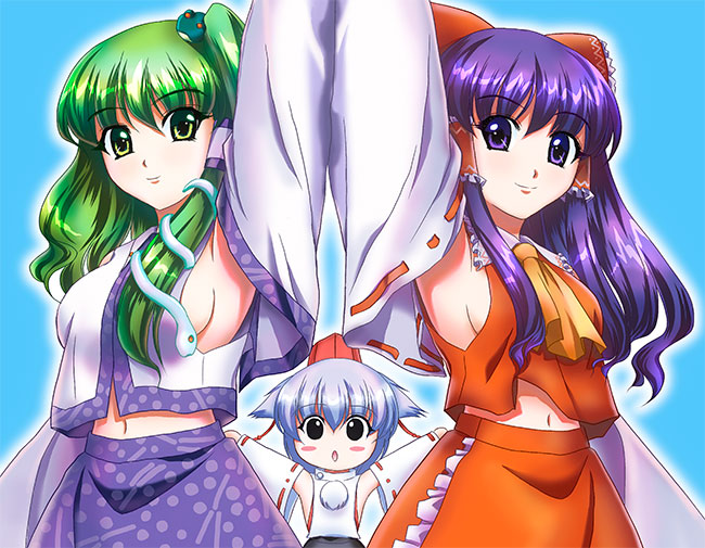 yamaguchi takashi, yamaguchi yuu, hakurei reimu, inubashiri momiji, kochiya sanae, touhou, silver hair, duplicate, 3girls, armpits, blush, breasts, detached sleeves, female focus, green eyes, green hair, hat, japanese clothes, long hair, midriff, miko, multiple girls, navel, pom pom (clothes), purple eyes, purple hair, sideboob, skirt, symmetry, tokin hat