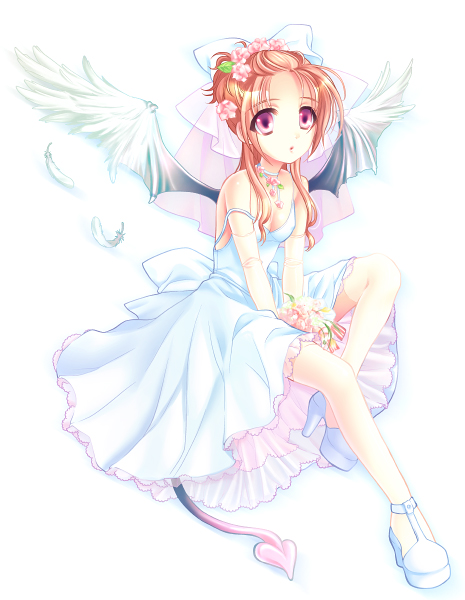 tagme, dress, long hair, skirt, solo, tail, thighhighs, wings