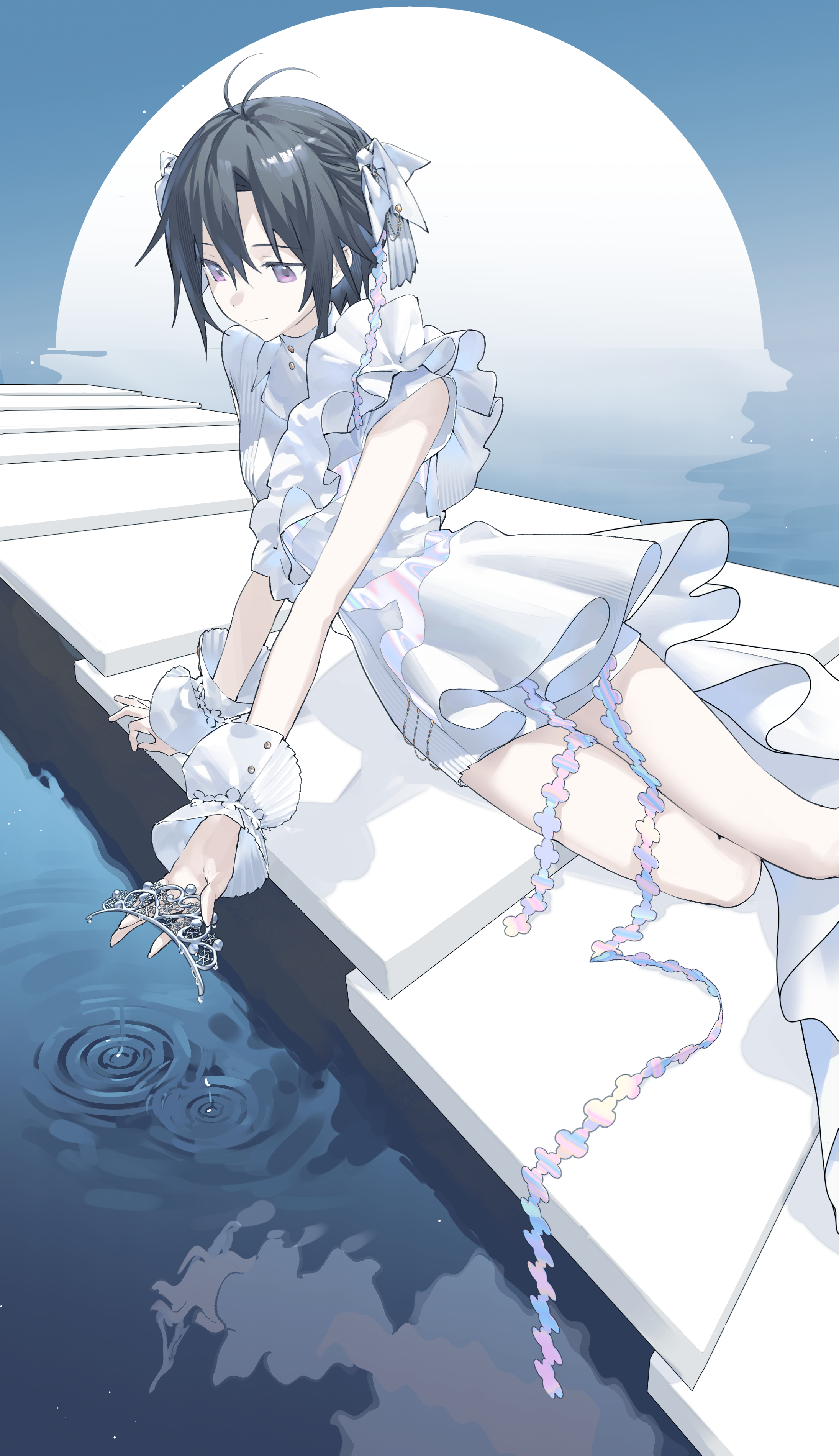 vickyycy99, kikuchi makoto, idolmaster, idolmaster million live!, idolmaster million live! theater days, absurdres, highres, 1girl, black hair, bow, dress, frilled dress, frills, hair bow, holding tiara, light smile, looking down, moon, purple eyes, short dress, short hair, silver tiara, sitting, sky, sleeveless, sleeveless dress, solo, tiara, water, white bow, white dress, white wrist cuffs, wrist cuffs