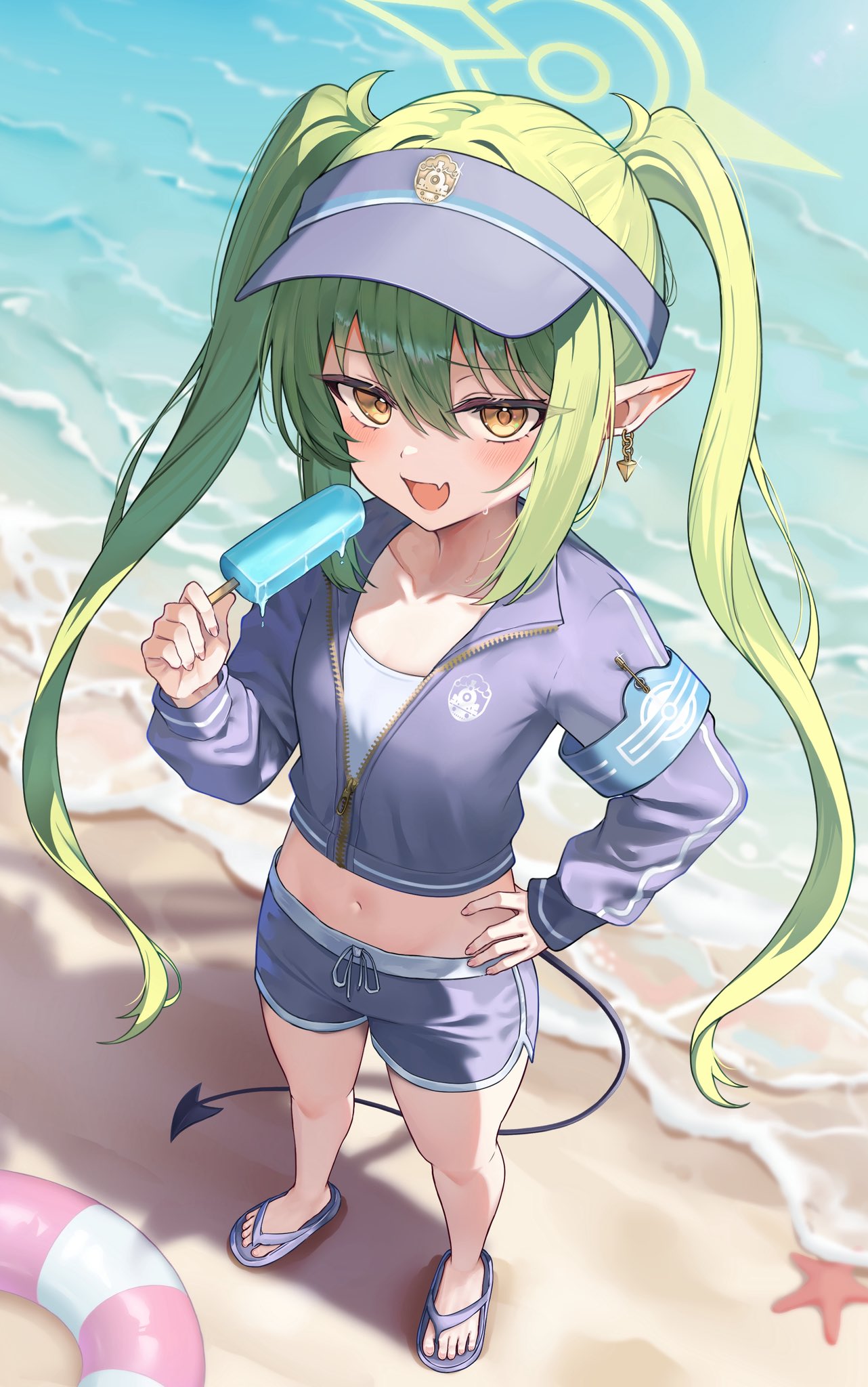 lnji (rnlwls34), nozomi (blue archive), blue archive, commentary, highres, 1girl, :d, armband, beach, black tail, blue armband, blue jacket, blue shorts, blush, breasts, collarbone, cropped jacket, demon tail, dolphin shorts, earrings, fang, flip-flops, food, from above, full body, green hair, hair between eyes, hand on own hip, holding, holding food, holding popsicle, jacket, jewelry, long hair, looking at viewer, melting popsicle, midriff, navel, open mouth, outdoors, pointy ears, popsicle, sand, sandals, short shorts, shorts, skin fang, small breasts, smile, solo, standing, sweat, tail, twintails, very long hair, visor cap, water, yellow eyes