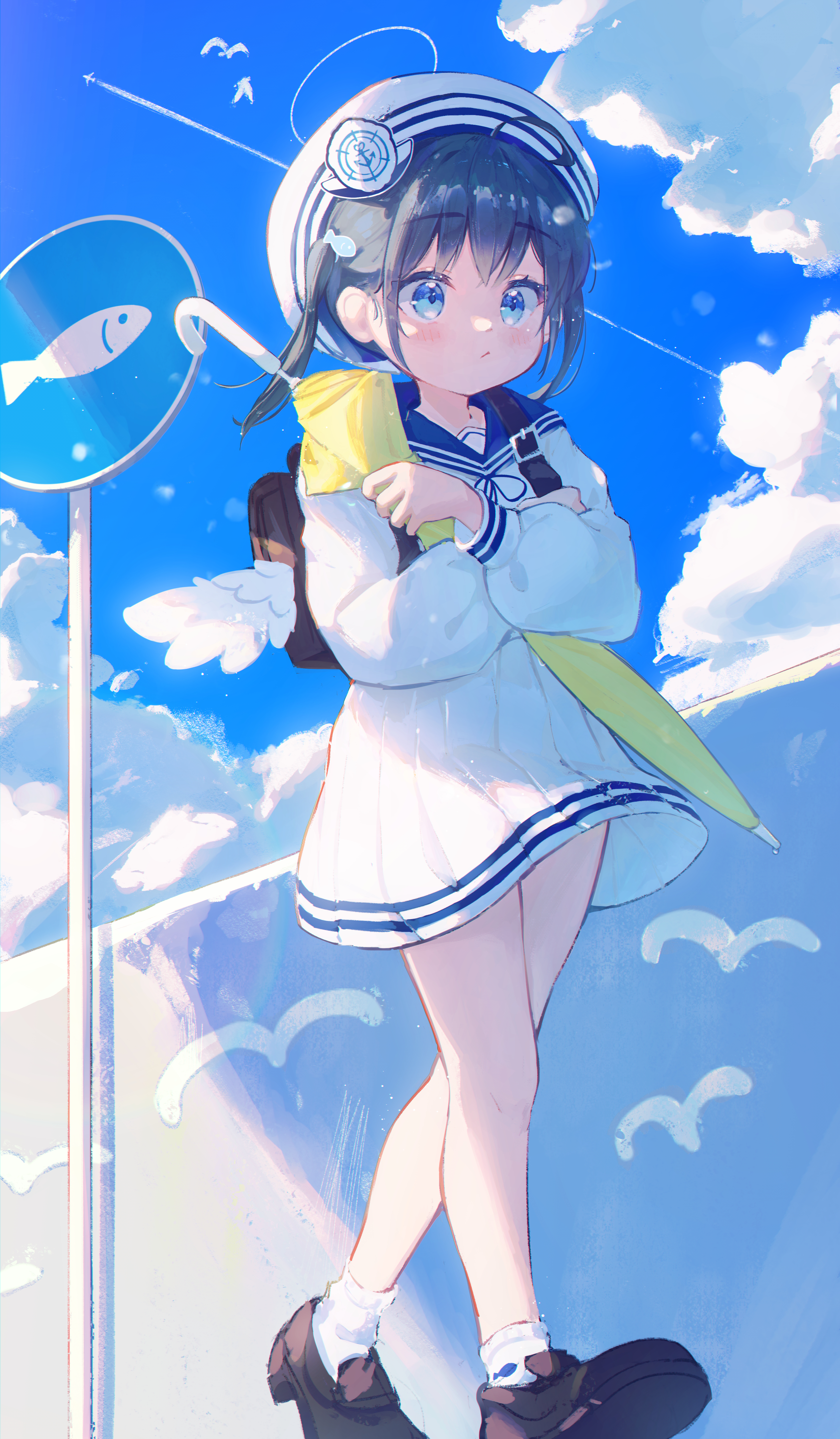 fuunyon, original, absurdres, commentary, highres, 1girl, angel, angel wings, backpack, bag, black hair, blue eyes, blue ribbon, blue sailor collar, blue sky, blush, brown shoes, closed mouth, cloud, day, full body, hat, holding, holding umbrella, long sleeves, neck ribbon, outdoors, ribbon, sailor collar, school uniform, serafuku, shirt, shoes, short hair, sky, socks, solo, standing, umbrella, white hat, white shirt, white socks, white wings, wings, yellow umbrella