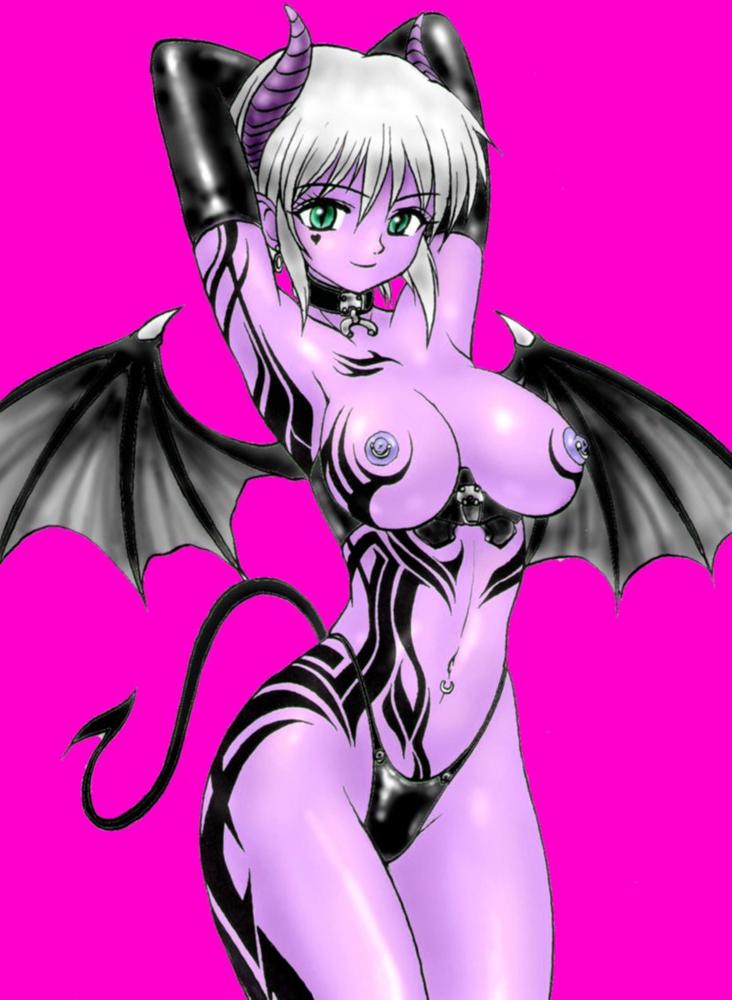 usura, artist request, check artist, copyright request, source request, 1girl, arm tattoo, armpits, bat wings, breast tattoo, breasts, choker, closed mouth, colored skin, demon girl, demon tail, earrings, elbow gloves, female focus, gloves, green eyes, horns, jewelry, large breasts, leg tattoo, looking at viewer, navel, navel piercing, nipple piercing, nipple rings, nipples, piercing, purple skin, short hair, simple background, solo, stomach tattoo, tail, tattoo, wings