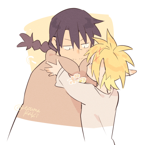 dasshu (dashi now), stunk, zel (ishuzoku reviewers), ishuzoku reviewers, lowres, 2boys, black hair, blonde hair, braid, brown cloak, cloak, closed eyes, facial hair, hair between eyes, hug, long hair, looking at another, male focus, multiple boys, mustache stubble, pointy ears, shirt, stubble, white shirt, yaoi