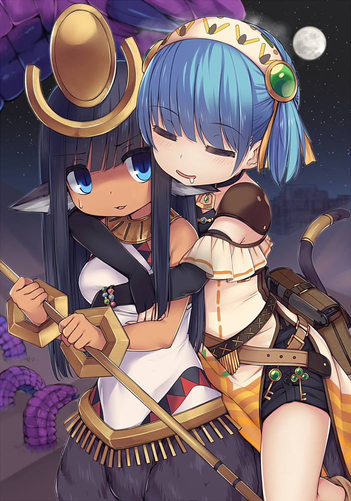 niranome, sphinx (eco), emil chronicle online, 2girls, belt, black hair, black pants, black skin, blue eyes, blue hair, colored skin, desert, dress, drooling, gold wrist cuffs, holding, holding staff, hug, hug from behind, key, long hair, micro shorts, moon, multiple girls, night, pants, short twintails, shorts, sleeping, sleeveless, sleeveless dress, sphinx, staff, sweatdrop, tail, twintails, waist bag, white dress