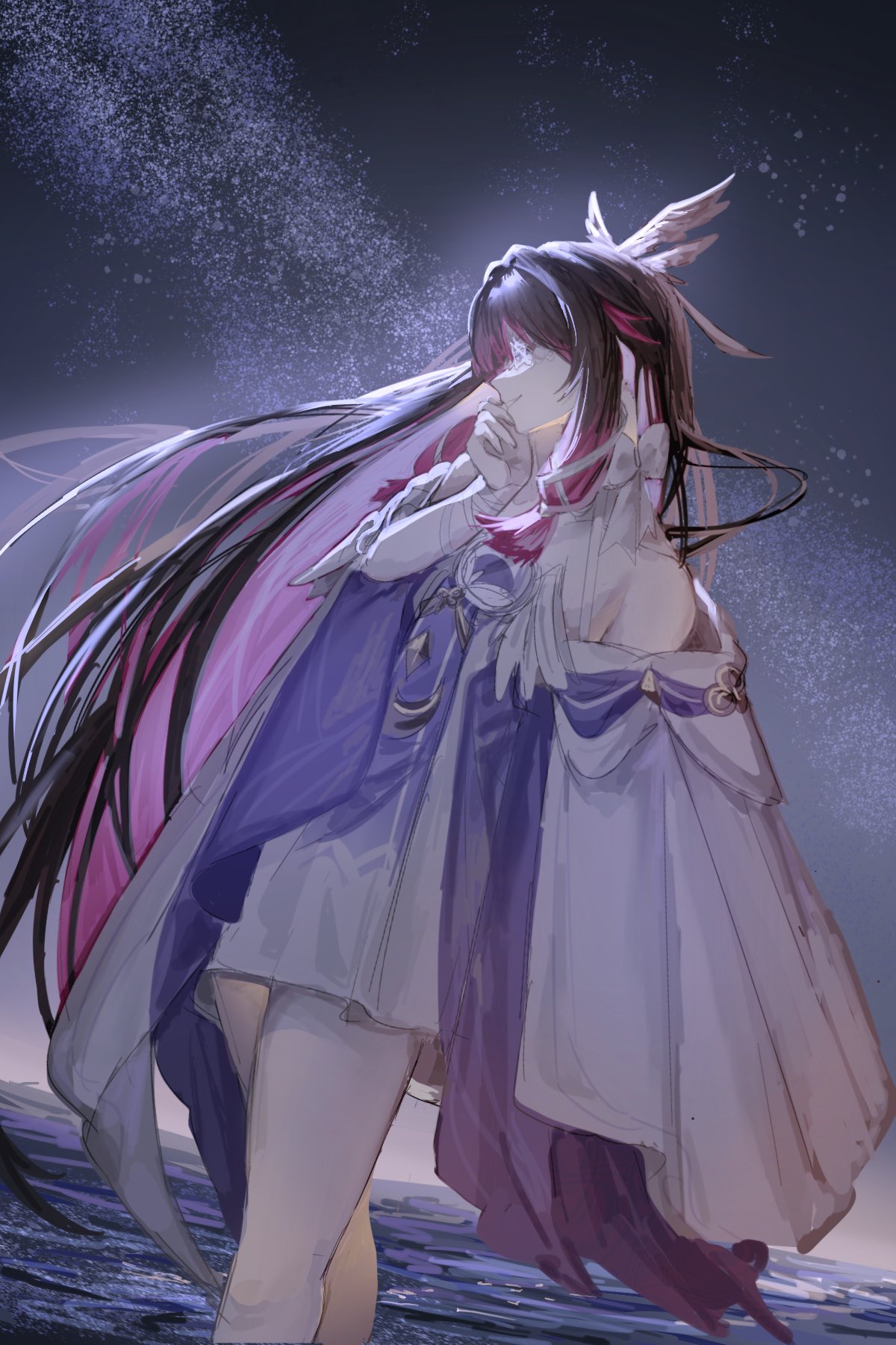 columbina (genshin impact), genshin impact, highres, 1girl, bare shoulders, black hair, closed eyes, dress, eye mask, feathered wings, head wings, long hair, multicolored hair, night, night sky, oraora1 1, parted lips, pink hair, sky, solo, star (sky), starry sky, white dress, white wings, wings