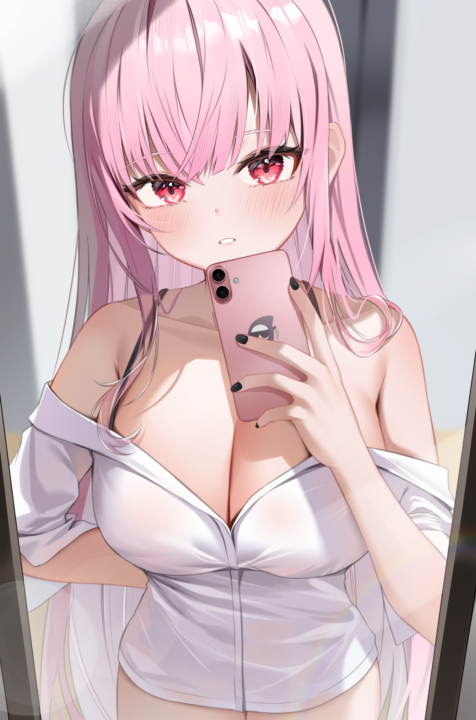 shuvi (shuvi1125), mori calliope, hololive, hololive english, absurdres, commentary, highres, 1girl, bare shoulders, black nails, blush, breasts, cellphone, cleavage, collarbone, cowboy shot, curvy, holding, holding phone, huge breasts, indoors, long hair, looking at viewer, mirror, nail polish, no pants, off shoulder, parted lips, phone, pink hair, red eyes, shirt, smartphone, solo, thick thighs, thighs, white shirt