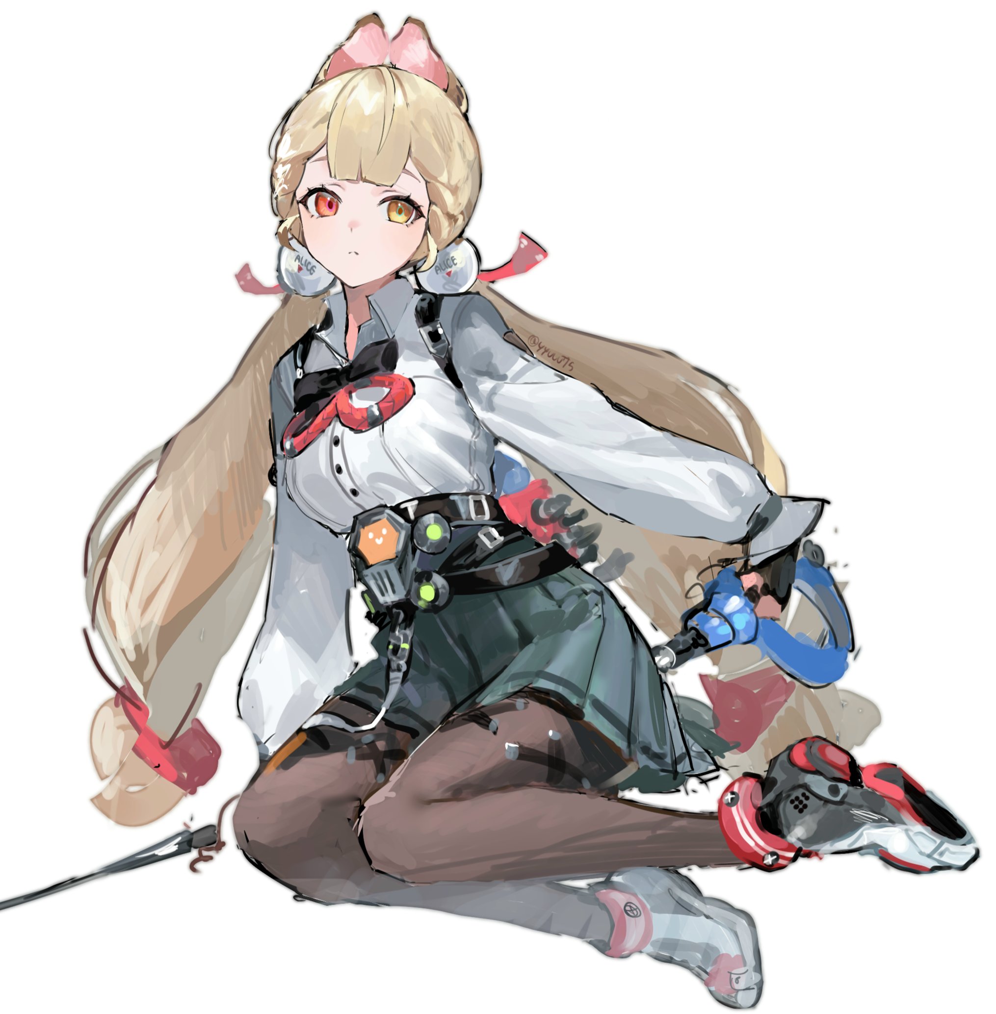 yuuli (tuna221022), alice thymefield, zenless zone zero, highres, 1girl, animal ears, belt, blonde hair, chest bow, green skirt, hair ornament, heterochromia, holding, holding weapon, long hair, looking to the side, pantyhose, rabbit ears, rabbit girl, seiza, shirt, shoes, sitting, skirt, solo, sphere hair ornament, twintails, weapon, white background, white shirt, white shoes, yellow eyes