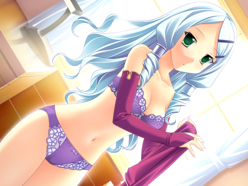 silver hair, game cg, tagme, 1girl, bra, female focus, green eyes, lingerie, long hair, navel, panties, solo, underwear, undressing