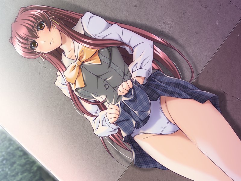 morita kazuaki, kazama mana, m no violet, yakin byoutou, 1girl, blush, breasts, brown eyes, brown hair, clothes lift, collarbone, embarrassed, female focus, grey skirt, grey vest, hair ribbon, long hair, long sleeves, medium breasts, panties, plaid clothes, plaid skirt, ribbon, school uniform, shirt, skirt, skirt lift, solo, standing, underwear, vest, white panties, white shirt
