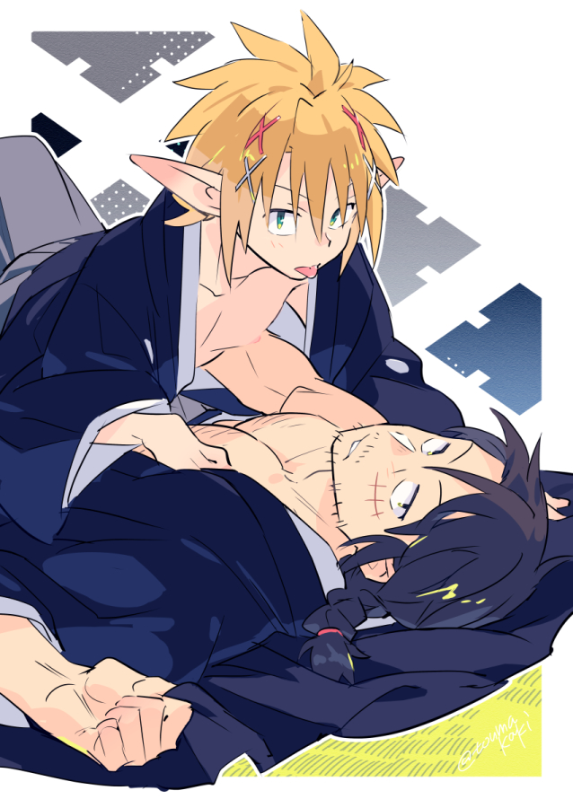dasshu (dashi now), stunk, zel (ishuzoku reviewers), ishuzoku reviewers, 2boys, black hair, blonde hair, blue kimono, chest hair, facial hair, green eyes, hair between eyes, hair ornament, hairclip, japanese clothes, kimono, looking at viewer, lying, male focus, multiple boys, mustache stubble, nipples, on back, pectorals, pointy ears, scar, scar on face, sparse stubble, stubble, tongue, tongue out, yaoi