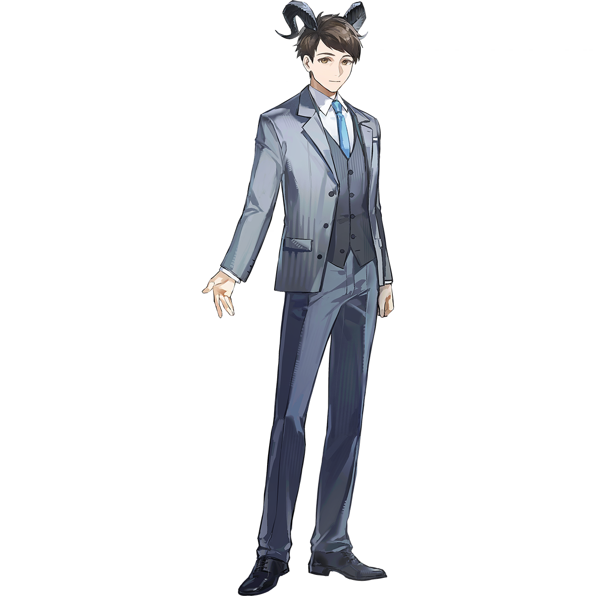 togawa kiyotsugu, arknights, bang dream!, bang dream! it's mygo!!!!!, official art, third-party source, 1boy, black hair, black shoes, black vest, blue necktie, brown eyes, closed mouth, collared shirt, full body, grey jacket, grey pants, jacket, long sleeves, male focus, necktie, open clothes, open jacket, pants, shirt, shoes, short hair, solo, tachi-e, vest, white shirt