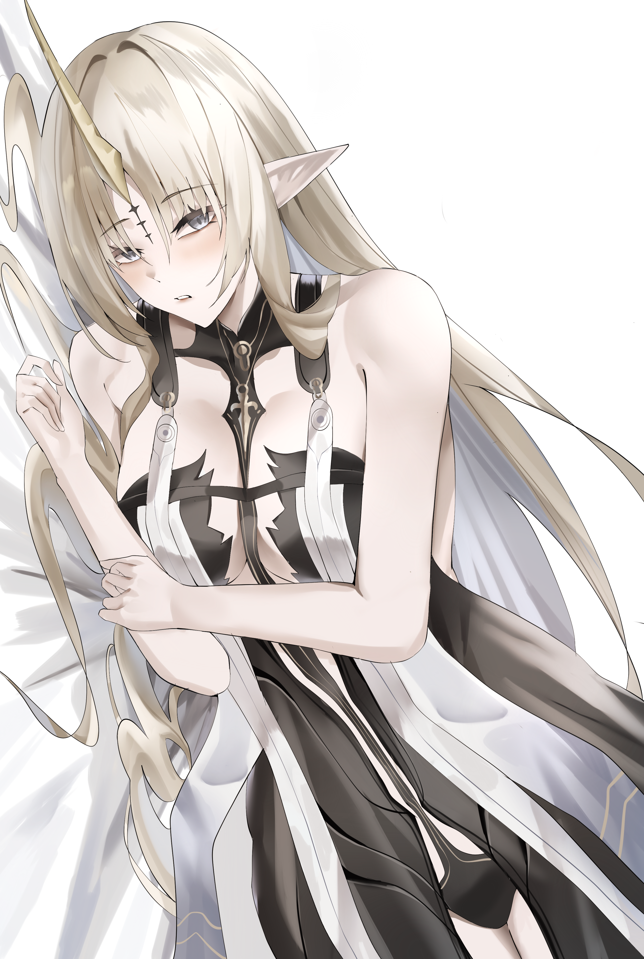 kuro artis (kuru-kuru), fleurdelys (wuthering waves), wuthering waves, absurdres, commentary, english commentary, highres, 1girl, bare shoulders, black collar, black dress, blonde hair, blush, breasts, collar, colored inner hair, dress, grey eyes, grey hair, horns, jewelry, large breasts, long hair, long horns, looking at viewer, lying, multicolored hair, necklace, on side, parted bangs, parted lips, pointy ears, single horn, solo, tacet mark (wuthering waves), very long hair, yellow horns