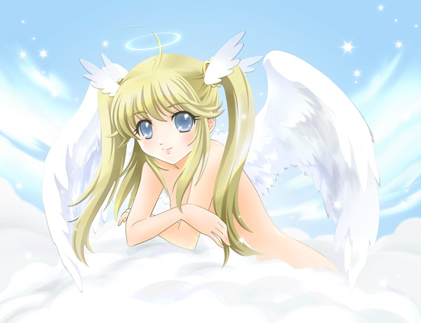 angel, blush, long hair, nude, twintails, wings