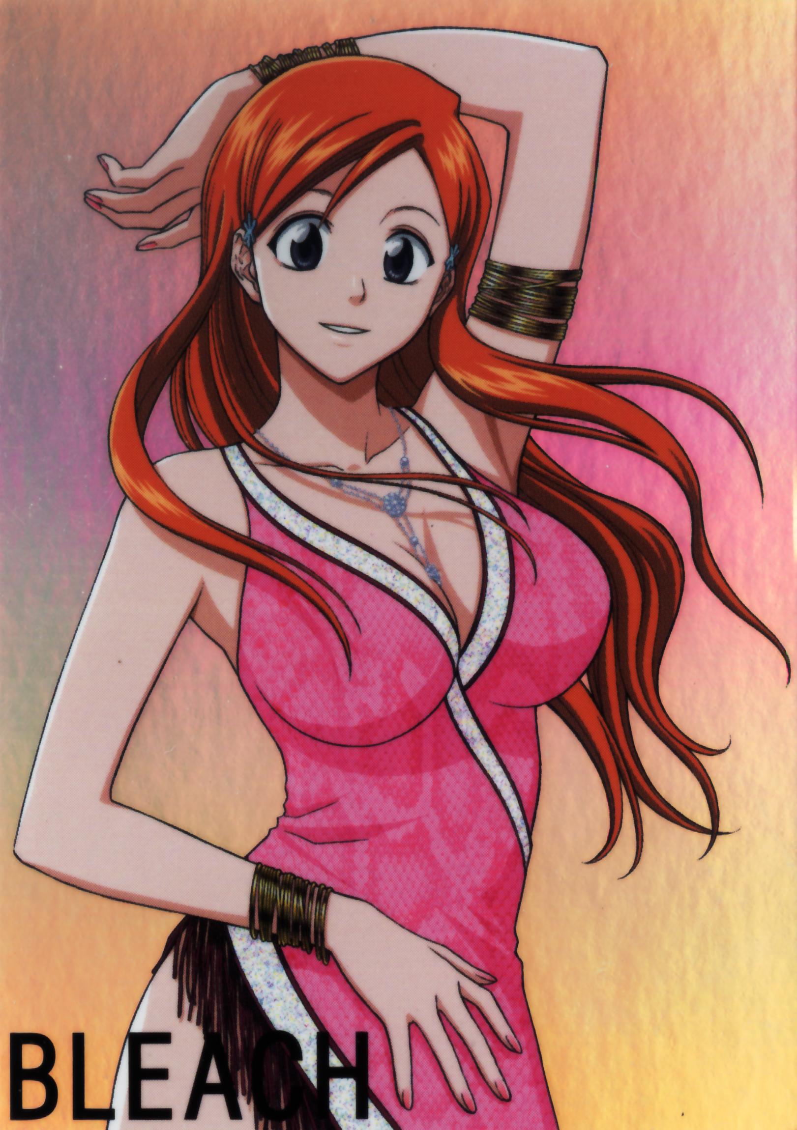 inoue orihime, bleach, highres, official art, 00s, breasts, cleavage, jewelry, large breasts, long hair, necklace, orange hair