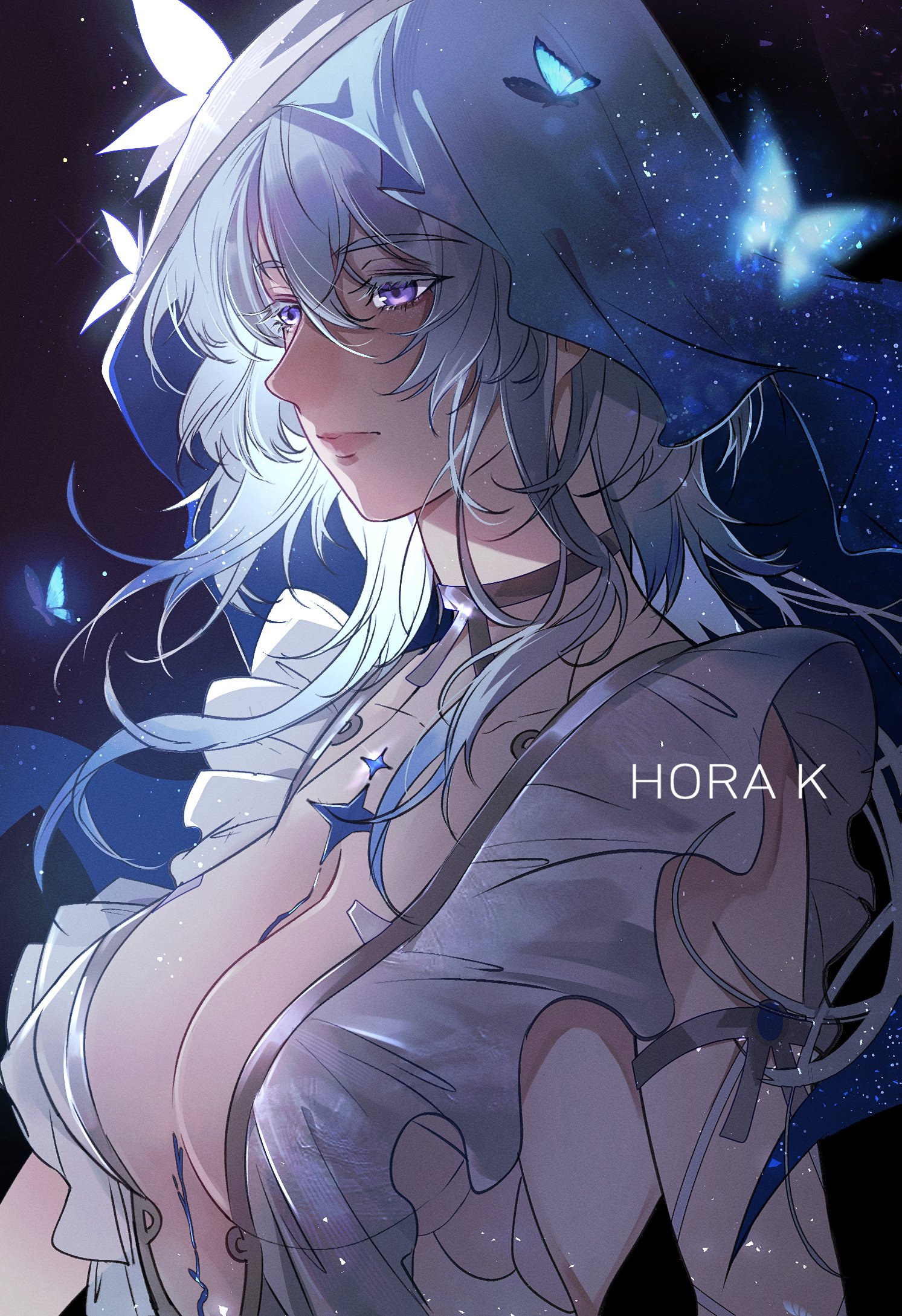 hora k, shorekeeper (wuthering waves), wuthering waves, commentary, highres, 1girl, armlet, artist name, blue butterfly, blue hair, blue veil, breasts, bug, butterfly, colored eyelashes, hair between eyes, insect, jewelry, large breasts, long hair, looking ahead, purple eyes, solo, two-tone veil, upper body, veil, white veil