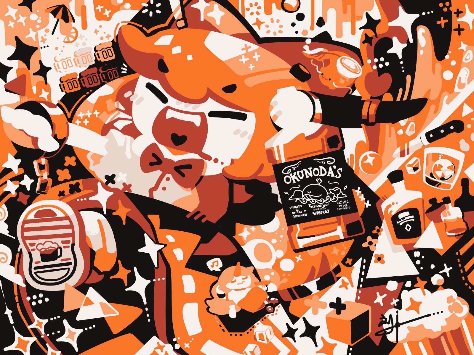 thatpebble, hoshiguma yuugi, ibuki suika, jack daniel's, touhou, highres, 2girls, bottle, holding, holding bottle, horns, knife, multiple girls, musical note, orange theme, single horn, solo focus, speech bubble