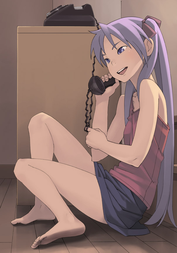 go robots, hiiragi kagami, lucky star, 00s, 1girl, bare legs, barefoot, blush, breasts, corded phone, feet, female focus, hair ribbon, legs, long hair, open mouth, phone, purple eyes, purple hair, ribbon, sitting, skirt, small breasts, solo, talking on phone, tank top, twintails