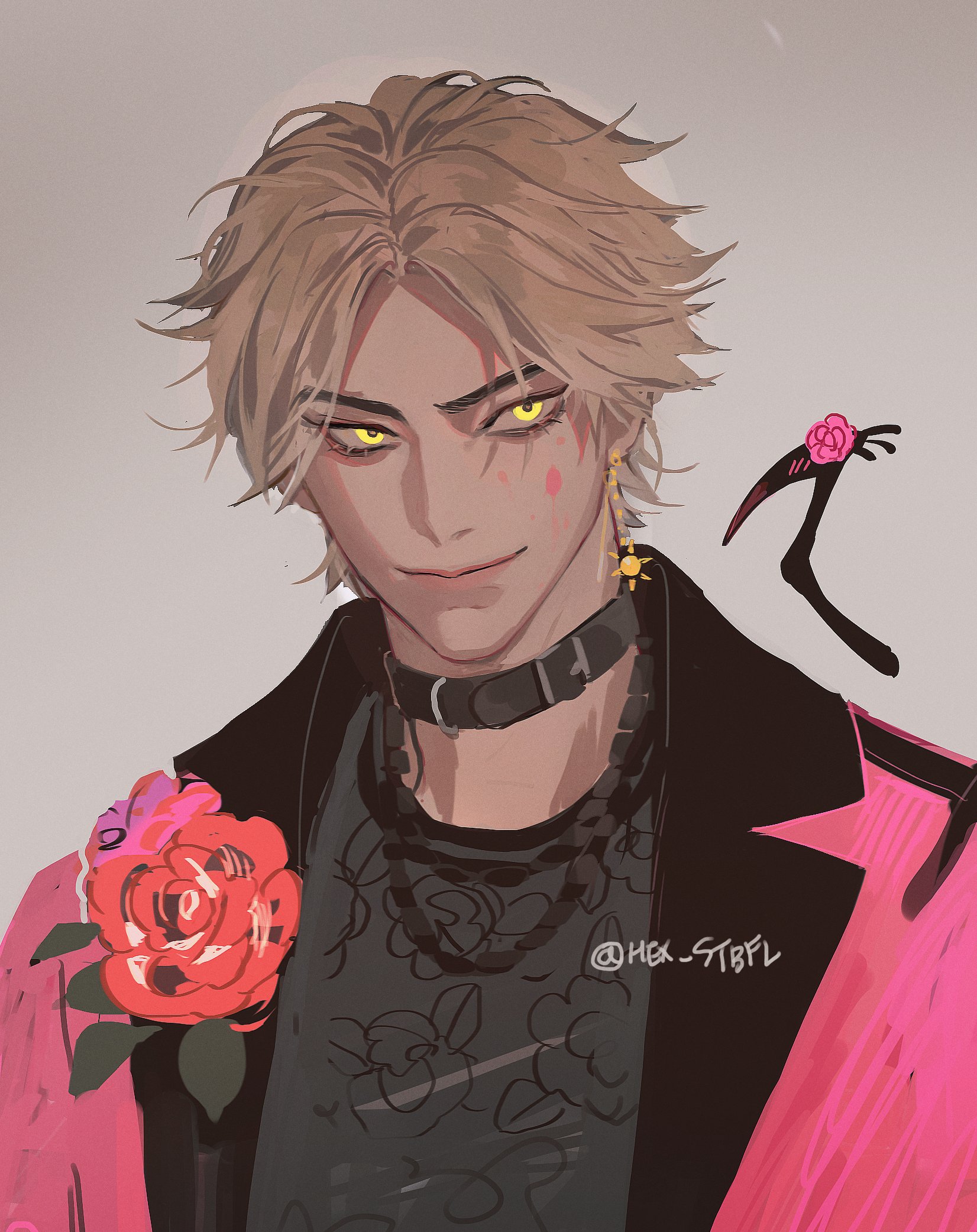 the trickster (dead by daylight), dead by daylight, commentary, highres, korean commentary, 1boy, bound, brown hair, collar, flower, hex stbfl, jacket, male focus, pink jacket, short hair, smile, solo, twitter username, yellow eyes