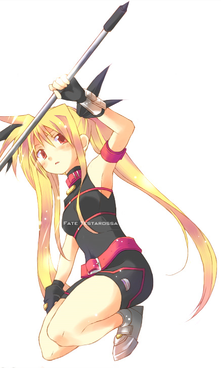 sakugo, bardiche (nanoha), fate testarossa, fate testarossa (sonic form), lyrical nanoha, mahou shoujo lyrical nanoha, mahou shoujo lyrical nanoha a's, 00s, 1girl, blonde hair, blush, female focus, long hair, solo, spandex, twintails, very long hair
