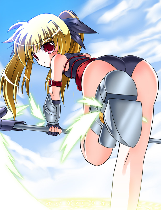 utanone shion, bardiche (haken form) (nanoha), bardiche (nanoha), fate testarossa, fate testarossa (lightning form), lyrical nanoha, mahou shoujo lyrical nanoha, mahou shoujo lyrical nanoha a's, 00s, 1girl, ass, blonde hair, blush, boots, female focus, long hair, red eyes, solo, spandex, twintails