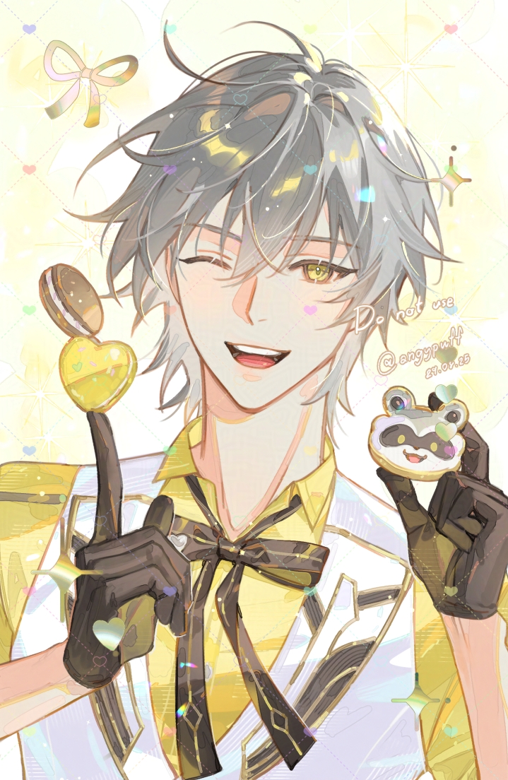angypuff, caelus (honkai: star rail), trailblazer (honkai: star rail), honkai: star rail, honkai (series), 1boy, alternate costume, artist name, black bow, black bowtie, black gloves, bow, bowtie, collared shirt, confetti, cookie, food, gloves, grey hair, hair between eyes, hands up, holding, holding food, lapels, looking at viewer, macaron, male focus, open mouth, ribbon, shirt, short hair, simple background, smile, solo, sparkle, teeth, tongue, upper body, vest, white background, white vest, yellow eyes, yellow ribbon, yellow shirt