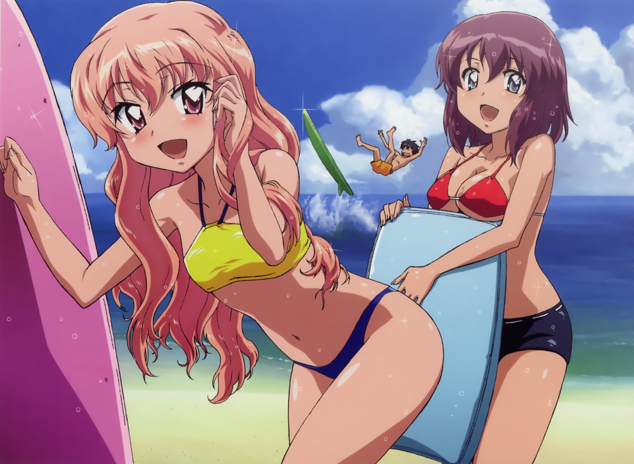 fujii masahiro, henrietta de tristain, hiraga saito, louise francoise le blanc de la valliere, zero no tsukaima, highres, scan, 00s, beach, bikini, blush, breasts, long hair, short hair, swimsuit