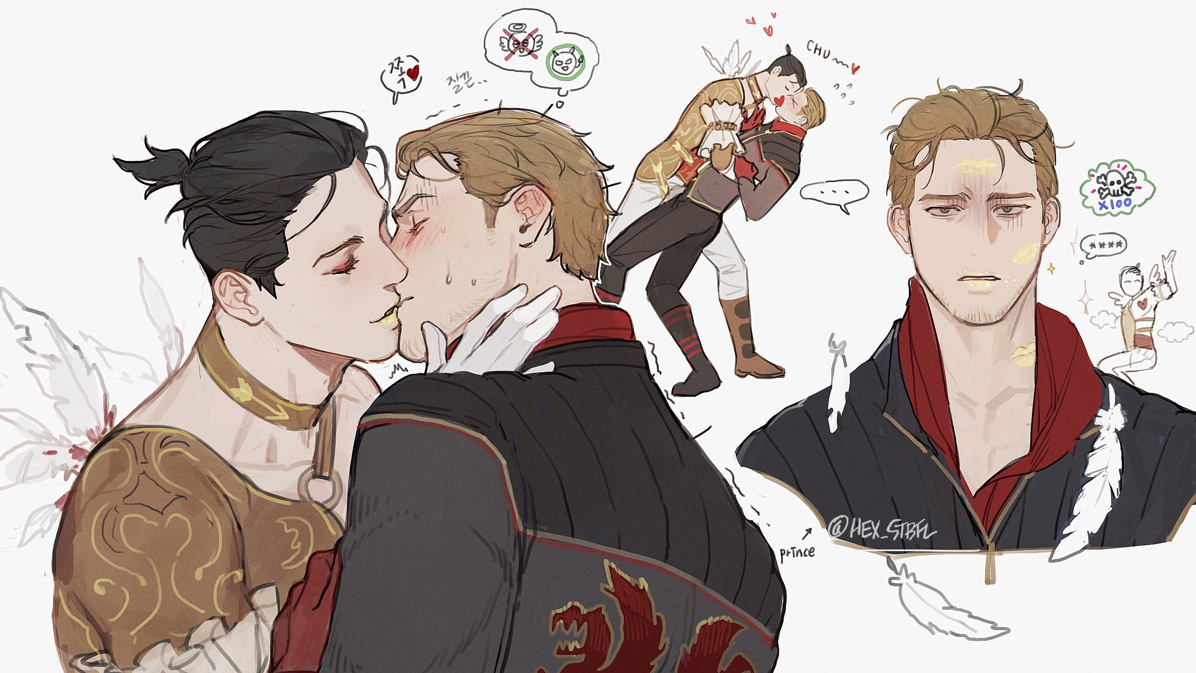 the trickster (dead by daylight), dead by daylight, commentary, highres, korean commentary, 2boys, black hair, blonde hair, bound, brown eyes, crazy eyes, hair slicked back, hex stbfl, kiss, male focus, multiple boys, short hair, smile, twitter username, yellow eyes