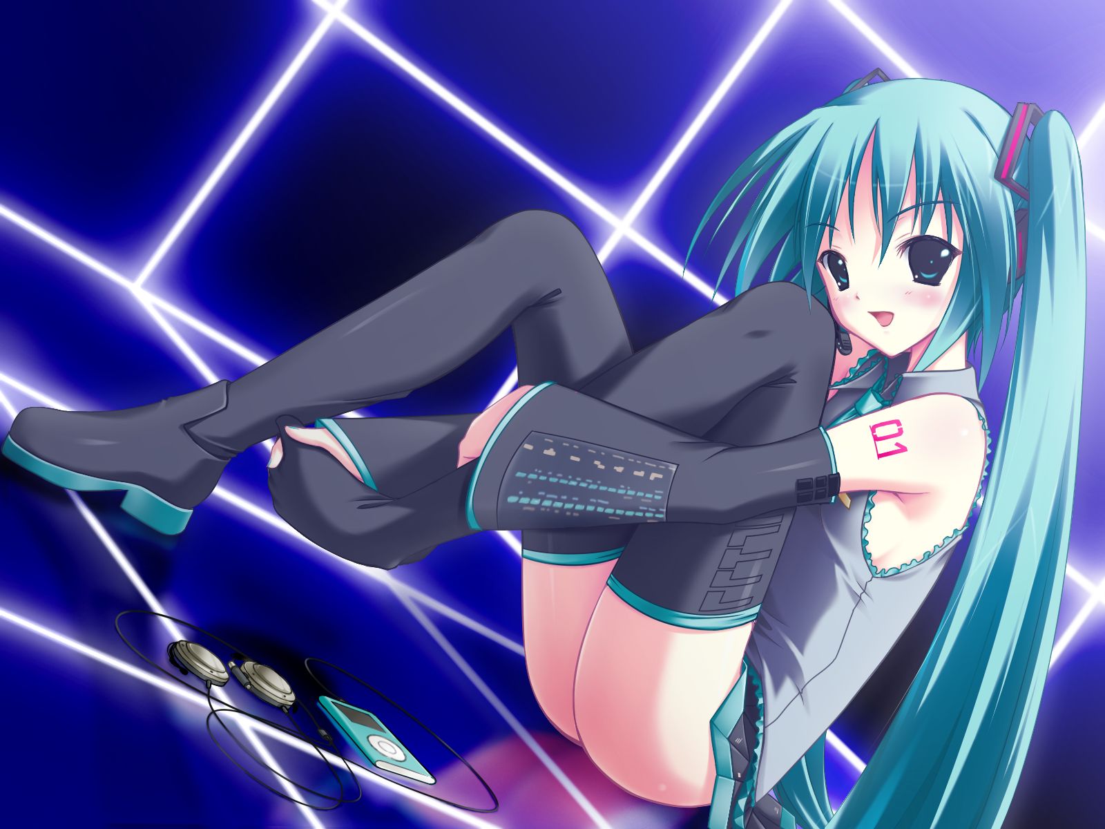amino, amino kohaku, hatsune miku, vocaloid, vocaloid2, highres, 1girl, ass, blush, digital media player, female focus, ipod, long hair, necktie, shoes, single shoe, sitting, skirt, solo, thighhighs, twintails, very long hair, zettai ryouiki