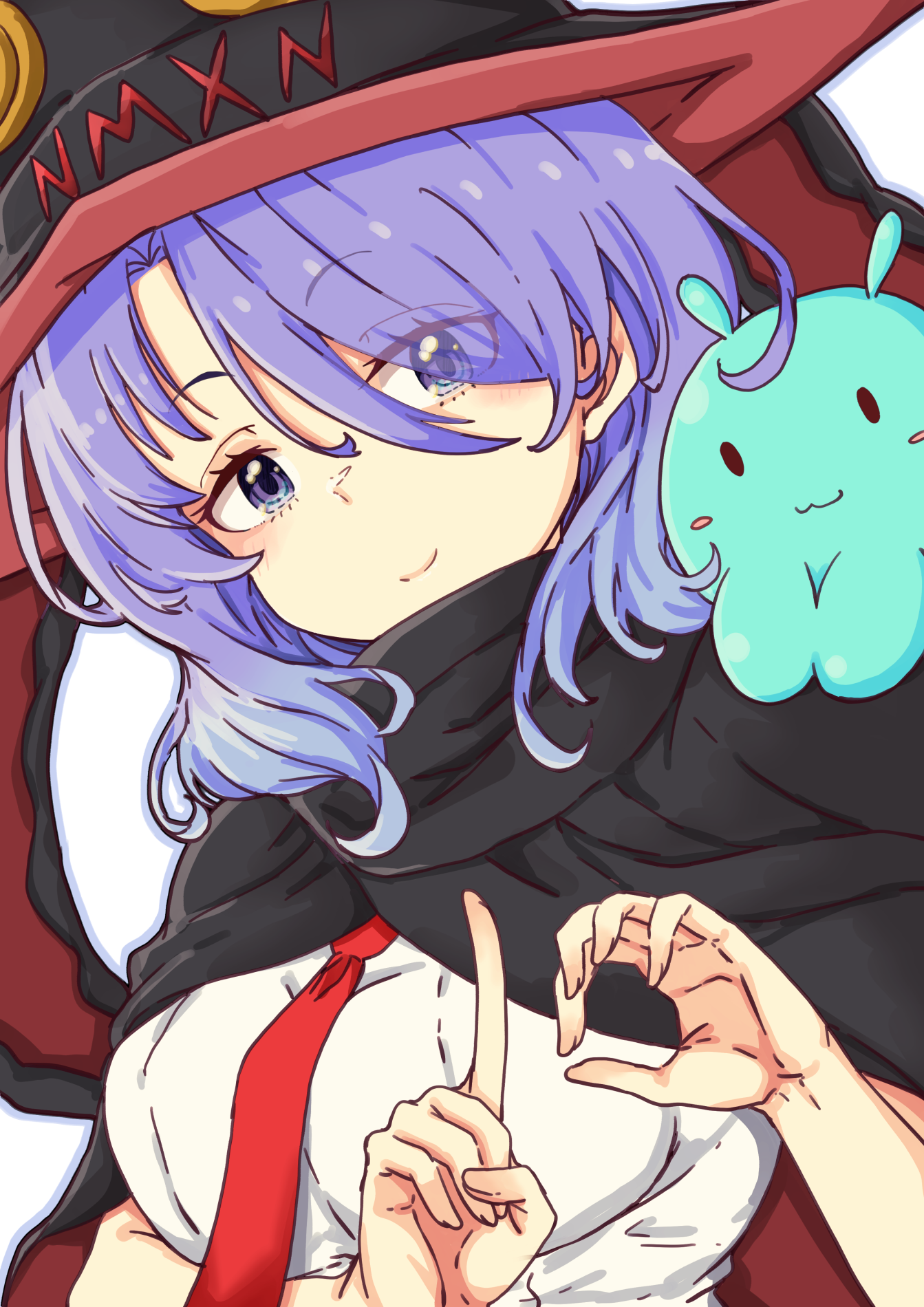 mono9ron, nanako (houkago no pleiades), pleiadean, houkago no pleiades, commentary request, highres, 1girl, :3, animal ears, black cloak, black hat, blush, breasts, cloak, eyes visible through hair, fake animal ears, hand up, hat, index finger raised, looking at viewer, medium breasts, medium hair, messy hair, necktie, number-shaped hands, parted bangs, purple eyes, purple hair, shirt, simple background, smile, upper body, white background, white shirt, witch hat