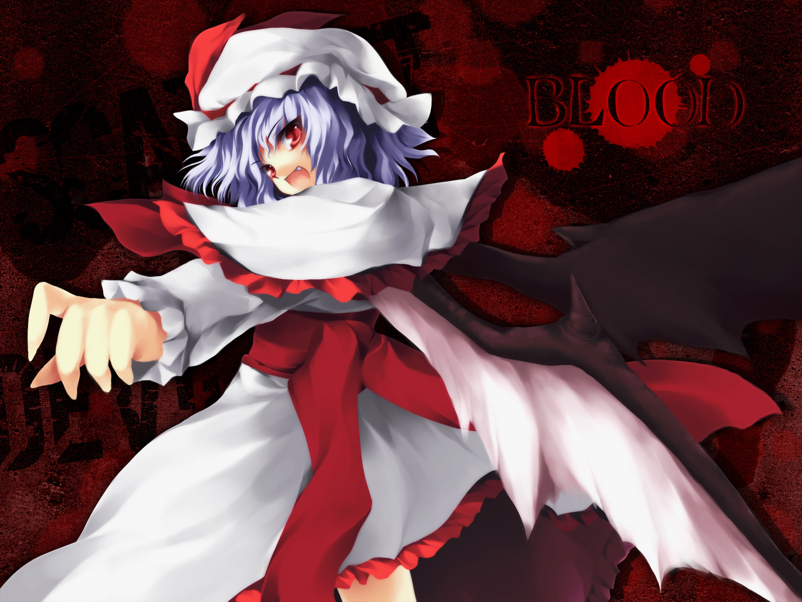 remilia scarlet, touhou, light purple hair, highres, 1girl, bat wings, fang, female focus, hat, red eyes, short hair, solo, wings