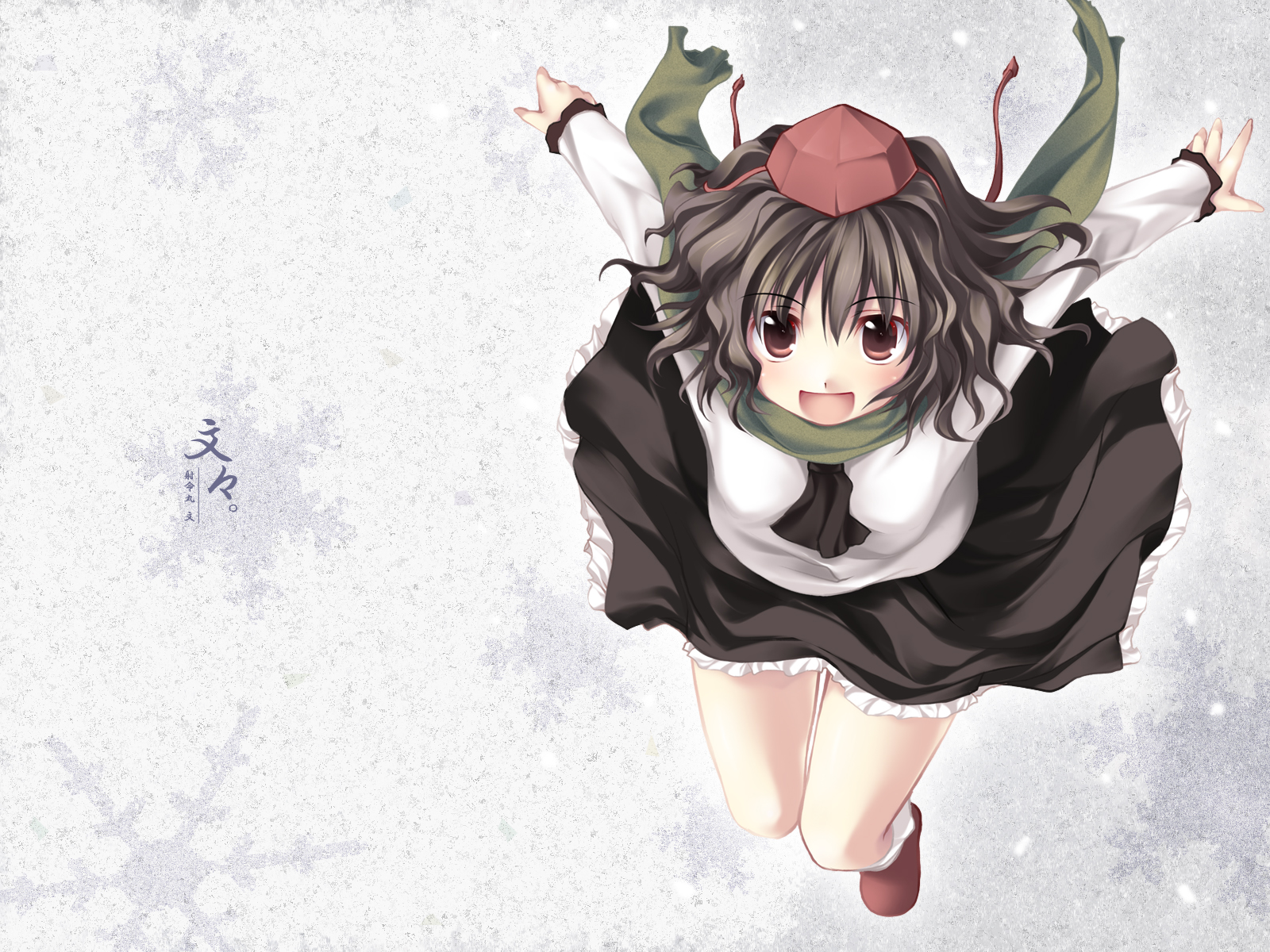 shameimaru aya, touhou, uniform, highres, 1girl, blush, female focus, hat, looking at viewer, necktie, open mouth, scarf, short hair, skirt, smile, solo