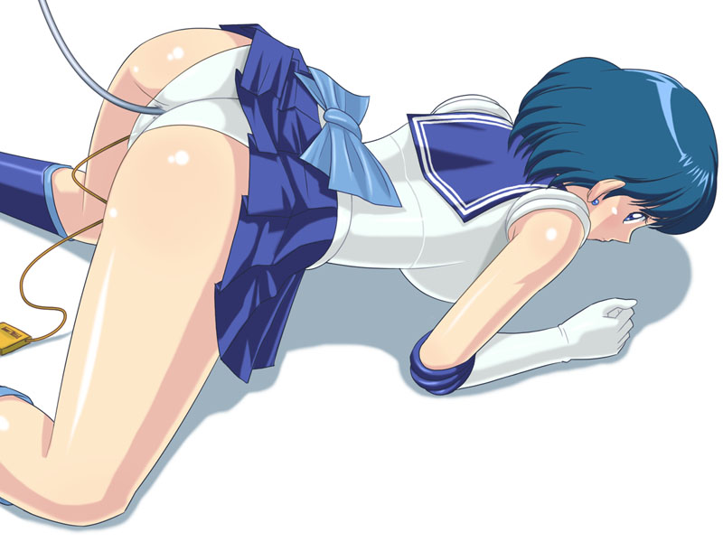 little cheat-ya, mizuno ami, sailor mercury, bishoujo senshi sailor moon, 1990s (style), 1girl, all fours, ass, blue eyes, blue hair, boots, bow, breasts, clothes lift, earrings, elbow gloves, enema, female focus, gloves, jewelry, large breasts, looking at viewer, matching hair/eyes, miniskirt, panties, pleated skirt, retro artstyle, sailor, school uniform, serafuku, sex toy, short hair, simple background, skirt, skirt lift, solo, underwear, vibrator, white background
