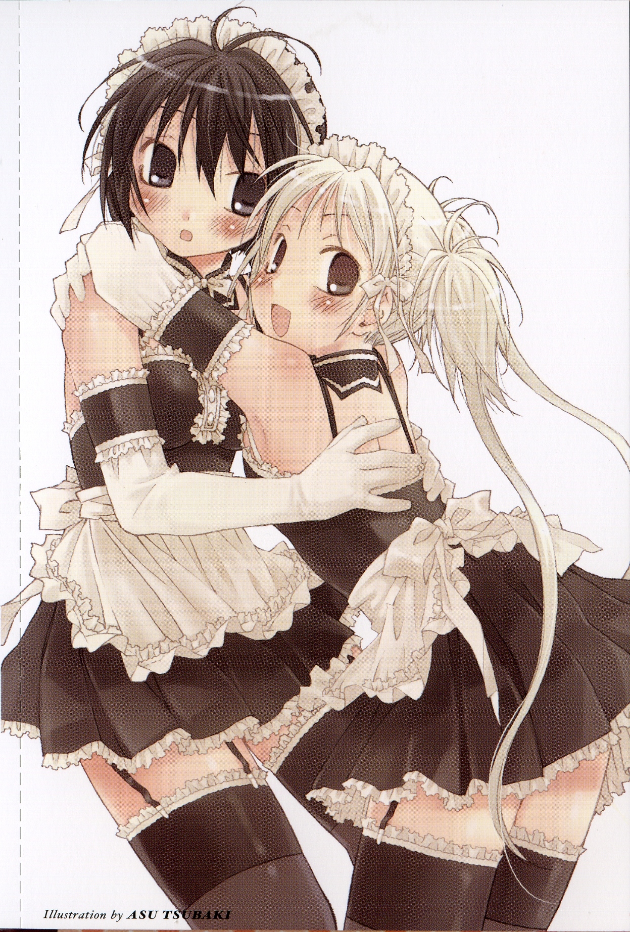tsubaki asu, sawatari izumi, sawatari mitsuki, kore ga watashi no goshujin-sama, black legwear, brown legwear, frilled legwear, highres, scan, 00s, 2girls, apron, artist name, bare shoulders, black hair, blonde hair, blush, cowboy shot, detached collar, elbow gloves, garter straps, gloves, hug, long hair, looking at viewer, looking to the side, maid, maid headdress, multiple girls, nakabayashi yoshitaka's maid uniform, short hair, siblings, simple background, sisters, skirt, smile, standing, thighhighs, twintails, waist apron, white apron, white background, white gloves, zettai ryouiki