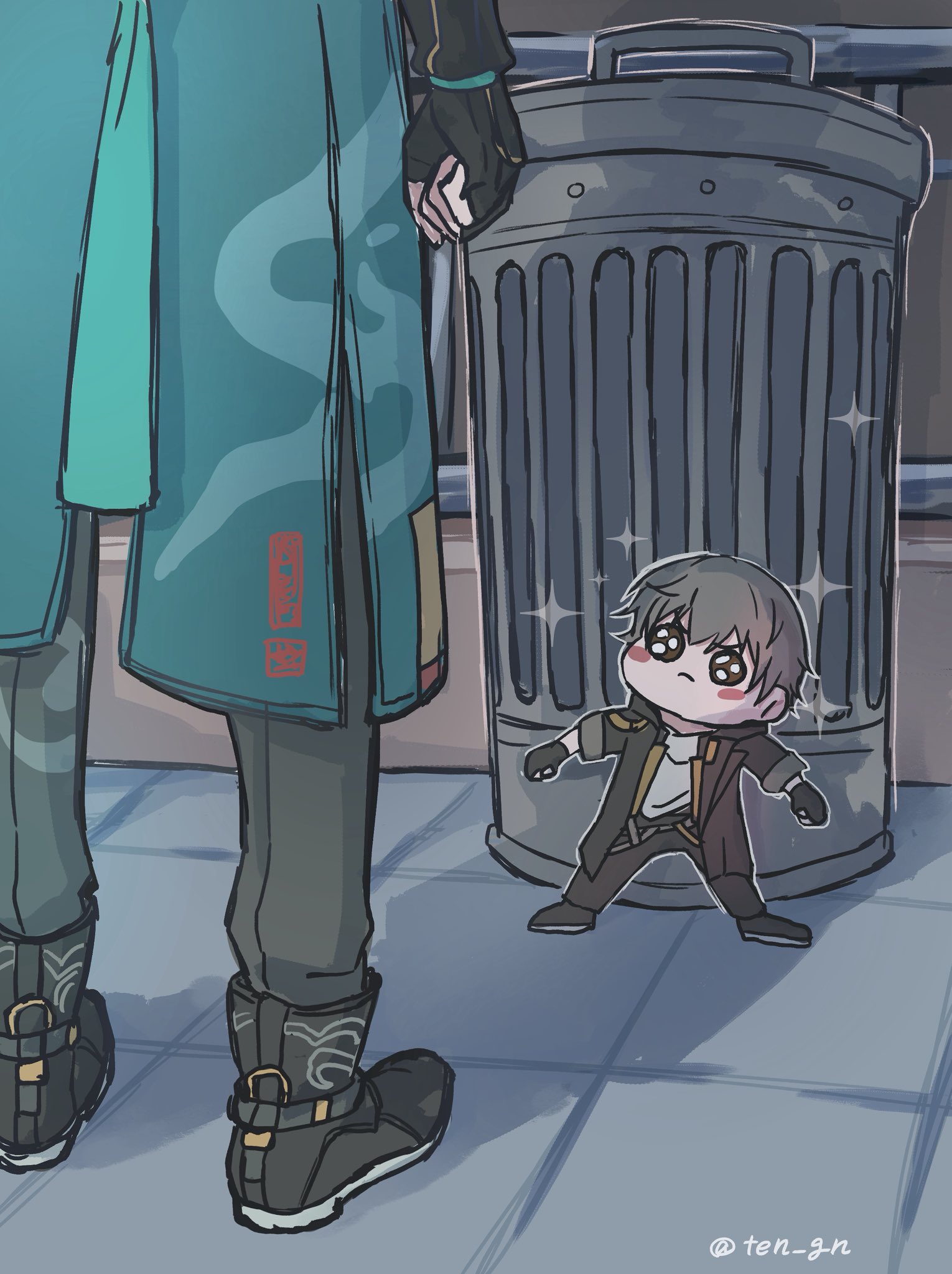 caelus (honkai: star rail), dan heng (honkai: star rail), dan heng (hunt) (honkai: star rail), trailblazer (honkai: star rail), honkai: star rail, honkai (series), commentary, highres, symbol-only commentary, 2boys, artist name, black boots, black eyes, black gloves, black jacket, black pants, blue coat, blush stickers, boots, clenched hands, closed mouth, cloud print, coat, fingerless gloves, full body, gloves, grey hair, grey pants, hair between eyes, jacket, long sleeves, looking at another, male focus, mini person, miniboy, multiple boys, open clothes, open jacket, outdoors, pants, shadow, shirt, short hair, sparkle, standing, t-shirt, ten gn, trash can, v-shaped eyebrows, white shirt