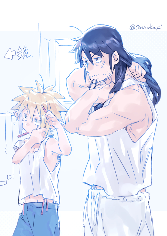 dasshu (dashi now), stunk, zel (ishuzoku reviewers), ishuzoku reviewers, 2boys, adjusting hair ornament, black hair, blonde hair, blue pants, drawstring, facial hair, hair between eyes, hair ornament, hair tie in mouth, hairclip, long hair, male focus, mouth hold, multiple boys, mustache stubble, pants, scar, scar on face, sparse stubble, stubble, tank top, tying hair, upper body, white pants