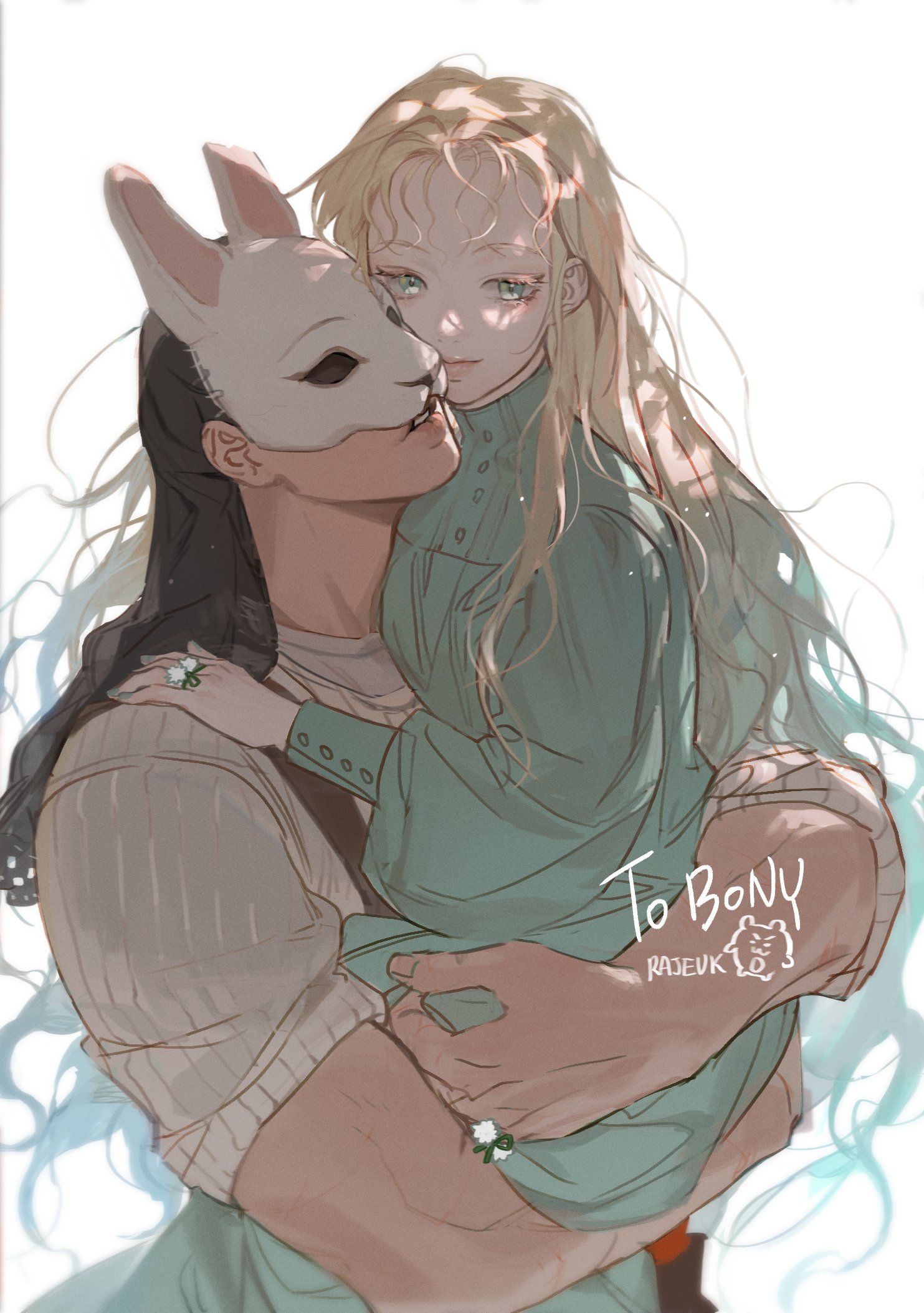 highres, 1boy, 1girl, black hair, blonde hair, blue dress, blue eyes, couple, dress, hetero, hex stbfl, hug, jewelry, long hair, mask, ring