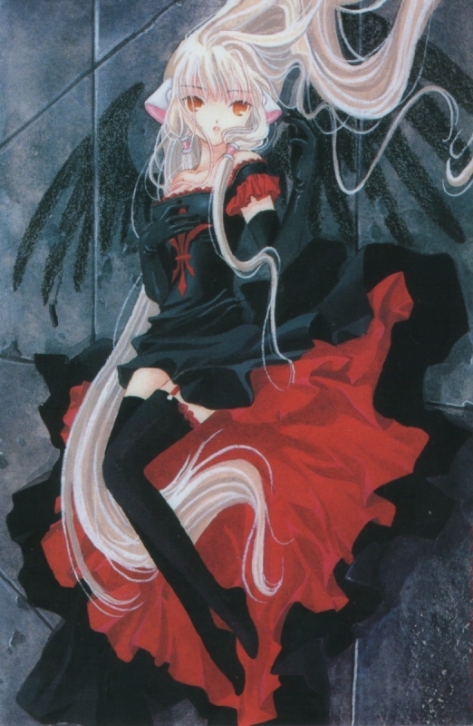 freya (chobits), chobits, dress, feet, goth fashion, long hair, thighhighs, wings