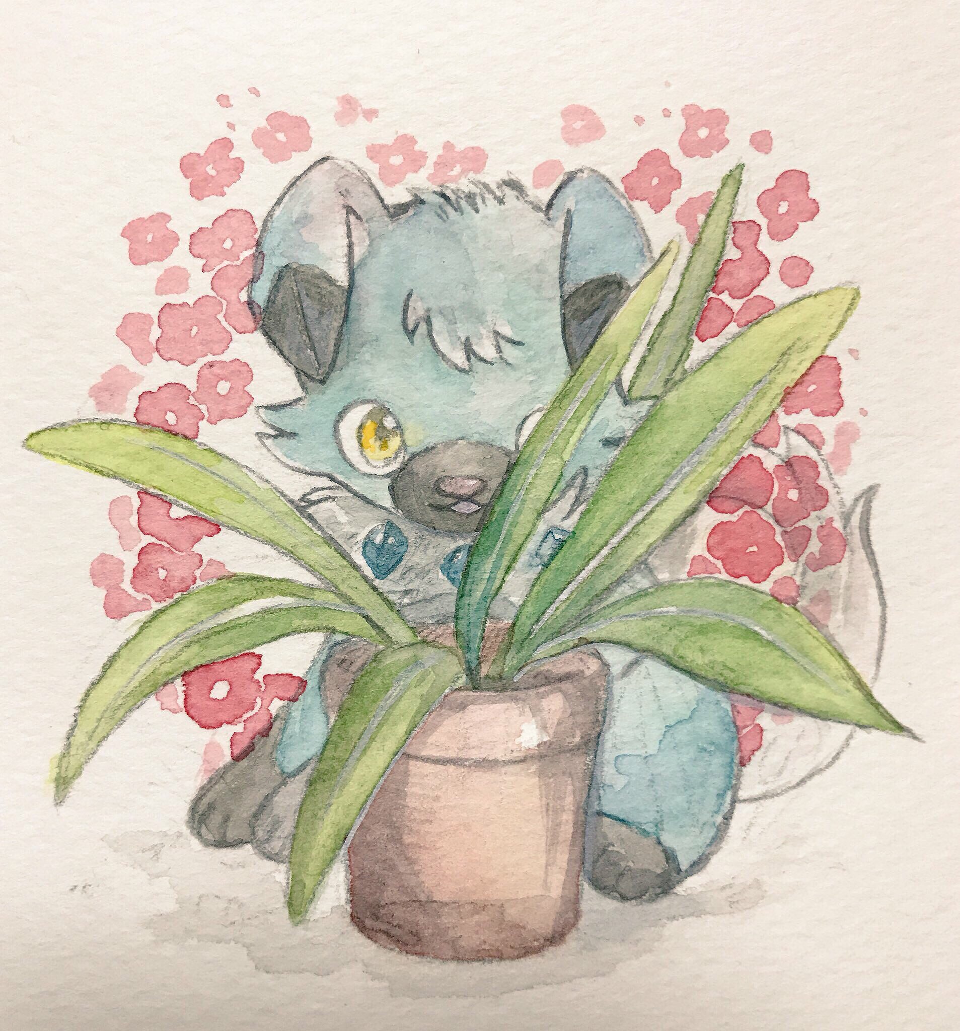 mint nappa, rockruff, nintendo, pokemon, highres, painting (medium), traditional media, watercolor (medium), alternate color, animal focus, full body, gen 7 pokemon, looking at viewer, no humans, one eye covered, parted lips, plant, pokemon (creature), potted plant, shiny pokemon, simple background, solo, white background, yellow eyes