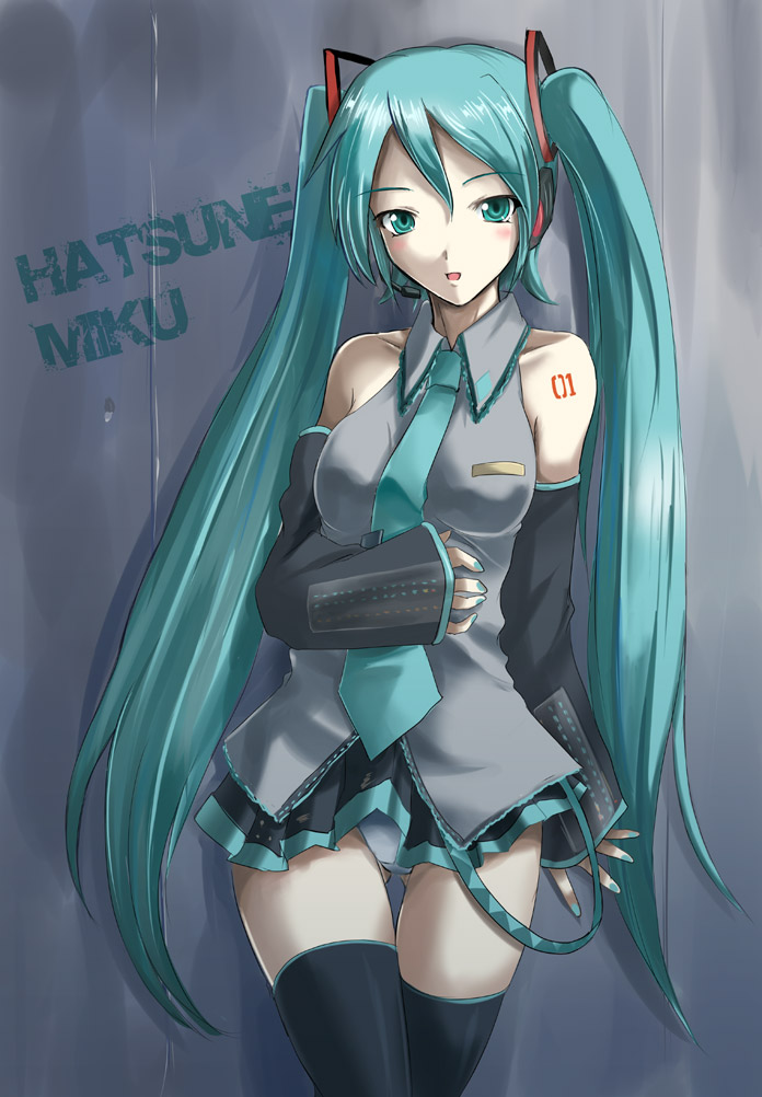 c-wing, hatsune miku, vocaloid, vocaloid2, 1girl, aqua necktie, arm under breasts, black thighhighs, blouse, blush, character name, collared shirt, female focus, green hair, grey shirt, hair between eyes, long hair, microphone, necktie, panties, pantyshot, shirt, skirt, sleeveless, sleeveless shirt, solo, tattoo, thighhighs, thighs, twintails, underwear, very long hair, white panties, zettai ryouiki