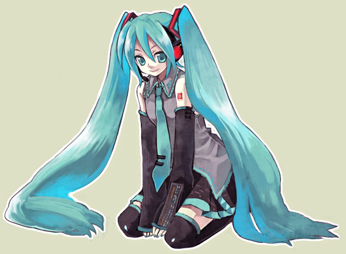 yonko, hatsune miku, vocaloid, vocaloid2, 1girl, aqua hair, aqua necktie, black thighhighs, blouse, collared shirt, female focus, full body, green background, grey shirt, hair between eyes, headphones, long hair, necktie, outline, shirt, simple background, sitting, skirt, sleeveless, sleeveless shirt, solo, tattoo, thighhighs, twintails, very long hair, zettai ryouiki