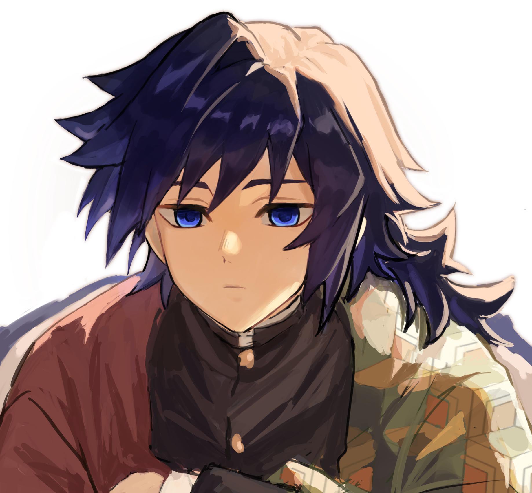 tomioka giyuu, kimetsu no yaiba, highres, 1boy, black hair, black jacket, blue eyes, buttons, closed mouth, demon slayer uniform, empty eyes, gold buttons, hair between eyes, haori, holding, holding sword, holding weapon, jacket, japanese clothes, katana, kikkoumon, low ponytail, male focus, ponytail, print haori, red haori, simple background, solo, spiked hair, srsee 5463, sword, upper body, weapon, white background