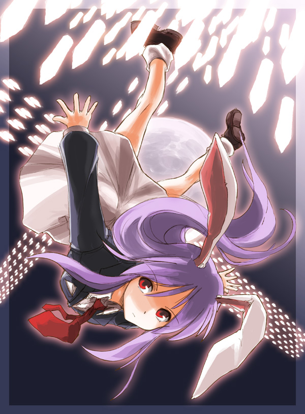 reisen udongein inaba, touhou, 1girl, animal ears, female focus, full body, game, gradient background, long hair, necktie, outdoors, purple hair, rabbit ears, rabbit girl, red eyes, shirt, skirt, sky, socks, solo, white shirt