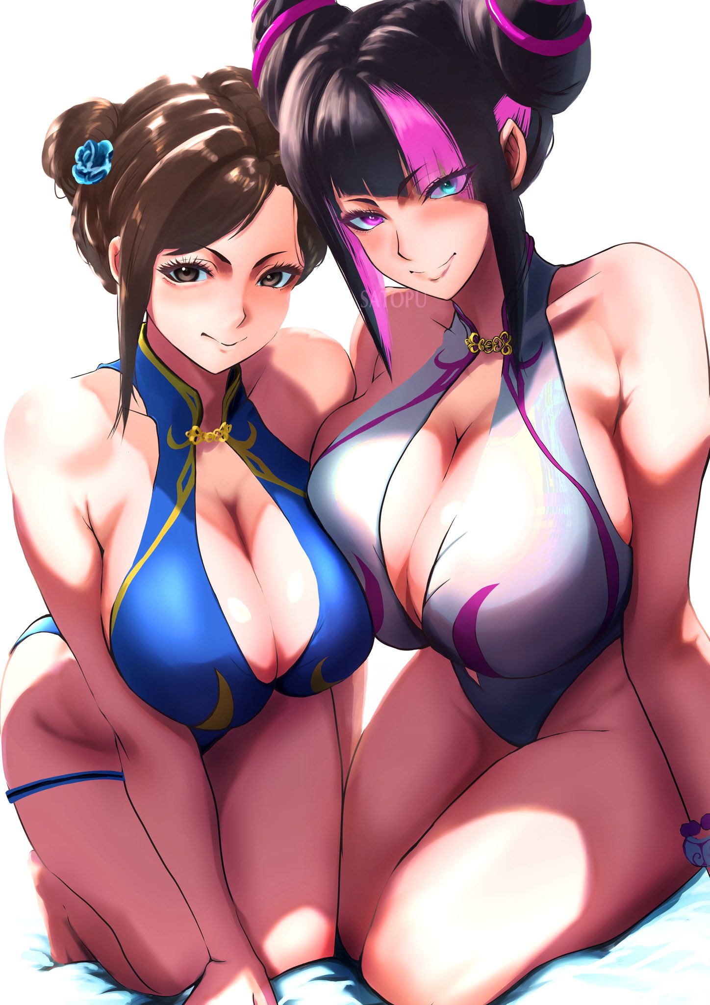 satopuu, chun-li, han juri, capcom, street fighter, street fighter 6, 2girls, alternate costume, bikini, blue bikini, blue eyes, breasts, breasts squeezed together, brown eyes, brown hair, cleavage, double bun, flower, hair bun, hair flower, hair ornament, heterochromia, kneeling, large breasts, multicolored hair, multiple girls, one-piece swimsuit, pink eyes, swimsuit, white bikini