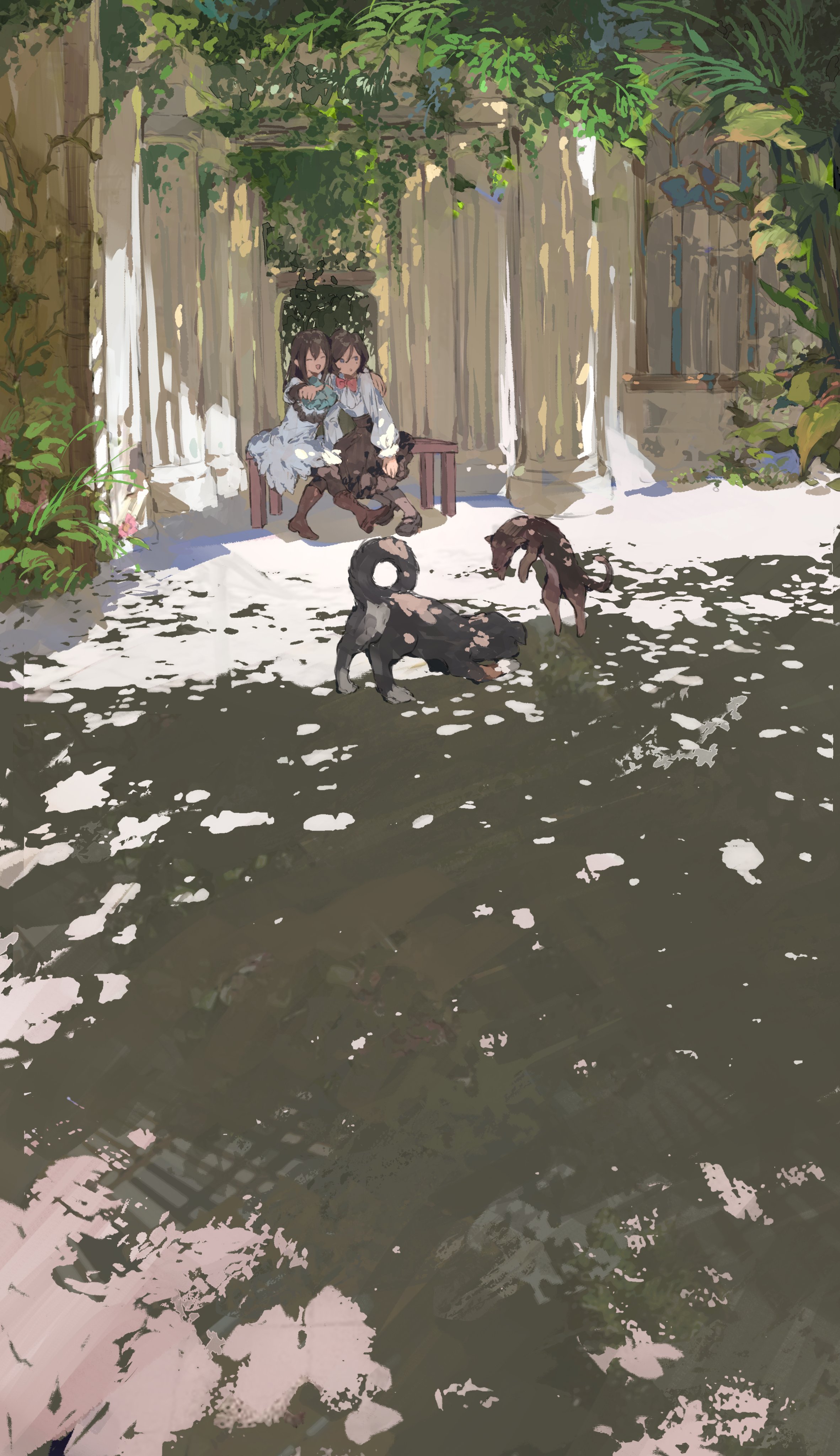 chocolate (jitong), original, absurdres, highres, 2girls, animal, arm around shoulder, bench, black hair, black skirt, boots, bow, bowtie, brown boots, column, dappled sunlight, dog, dress, long sleeves, multiple girls, outdoors, pillar, plant, pointing, red bow, red bowtie, shirt, sitting, skirt, sunlight, vines, white dress, white shirt, wide shot