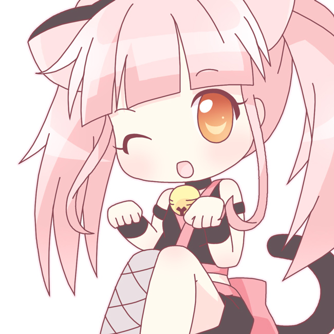 kayanuma kiko, darker than black, 00s, animal ears, bell, cat ears, collar, cuffs, fishnets, long hair, pink hair, twintails, yellow eyes