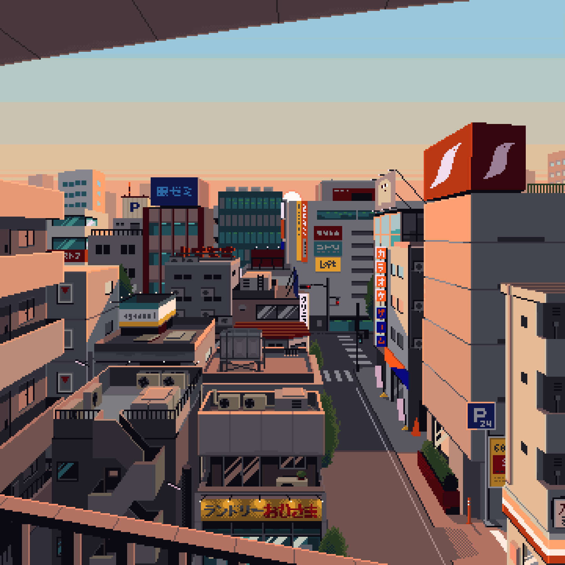 satowmrmr, original, highres, building, city, crosswalk, evening, gradient sky, no humans, outdoors, pixel art, railing, road, scenery, sign, sky, sun, sunset, traffic light