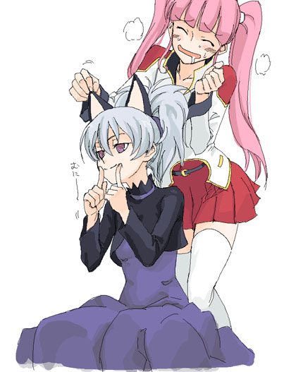 kayanuma kiko, yin (darker than black), darker than black, 00s, 2girls, animal ears, blush, cat ears, cat girl, dress, female focus, grey hair, long hair, multiple girls, pink hair, purple eyes, saliva, skirt, thighhighs, twintails, white background