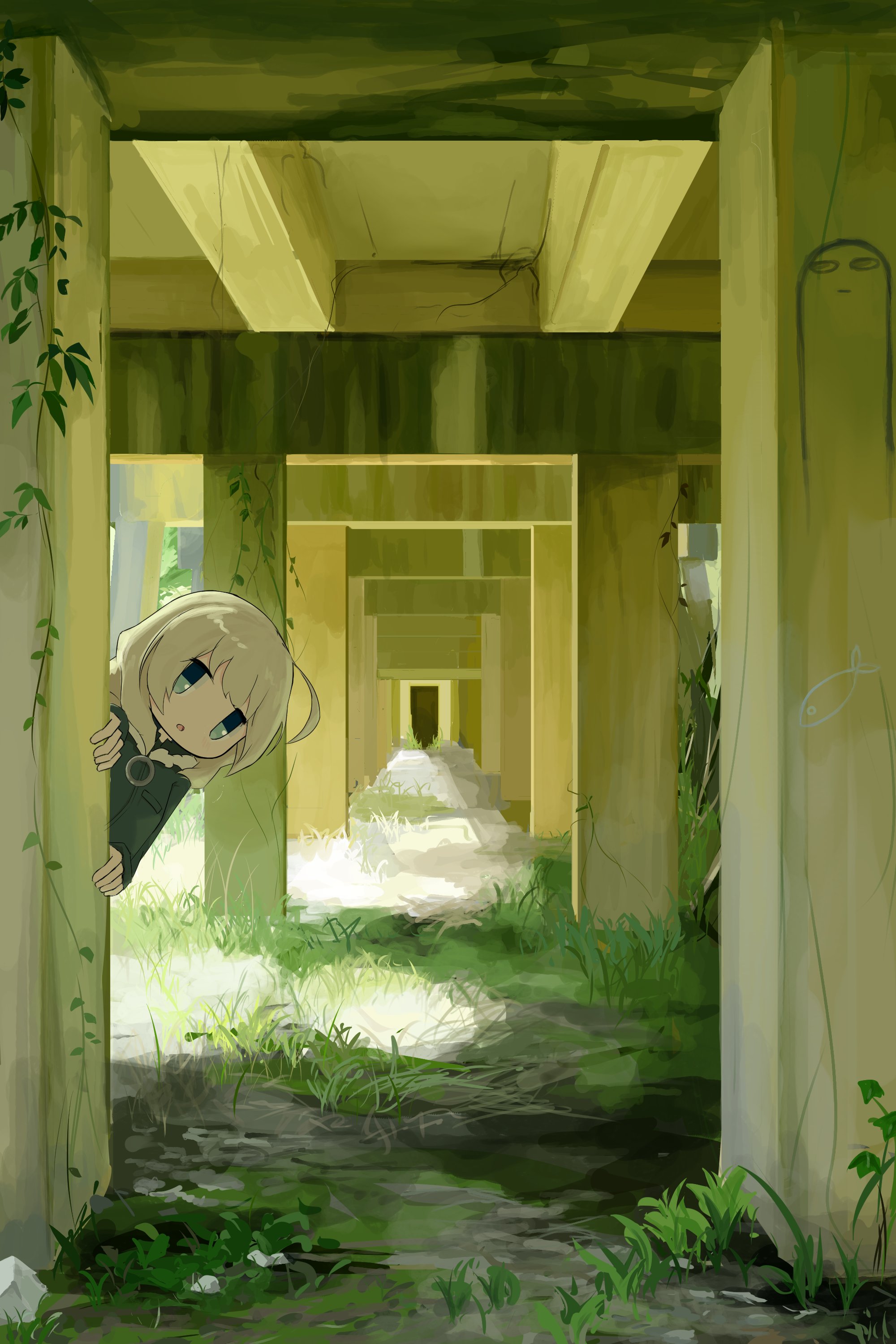 karmanimaxwx, yuuri (shoujo shuumatsu ryokou), shoujo shuumatsu ryokou, absurdres, hashtag-only commentary, highres, 1girl, abandoned, ahoge, blonde hair, blue eyes, grass, green jacket, jacket, leaning to the side, medium hair, no nose, open mouth, peeking out, pillar, plant, solo, vanishing point, vines