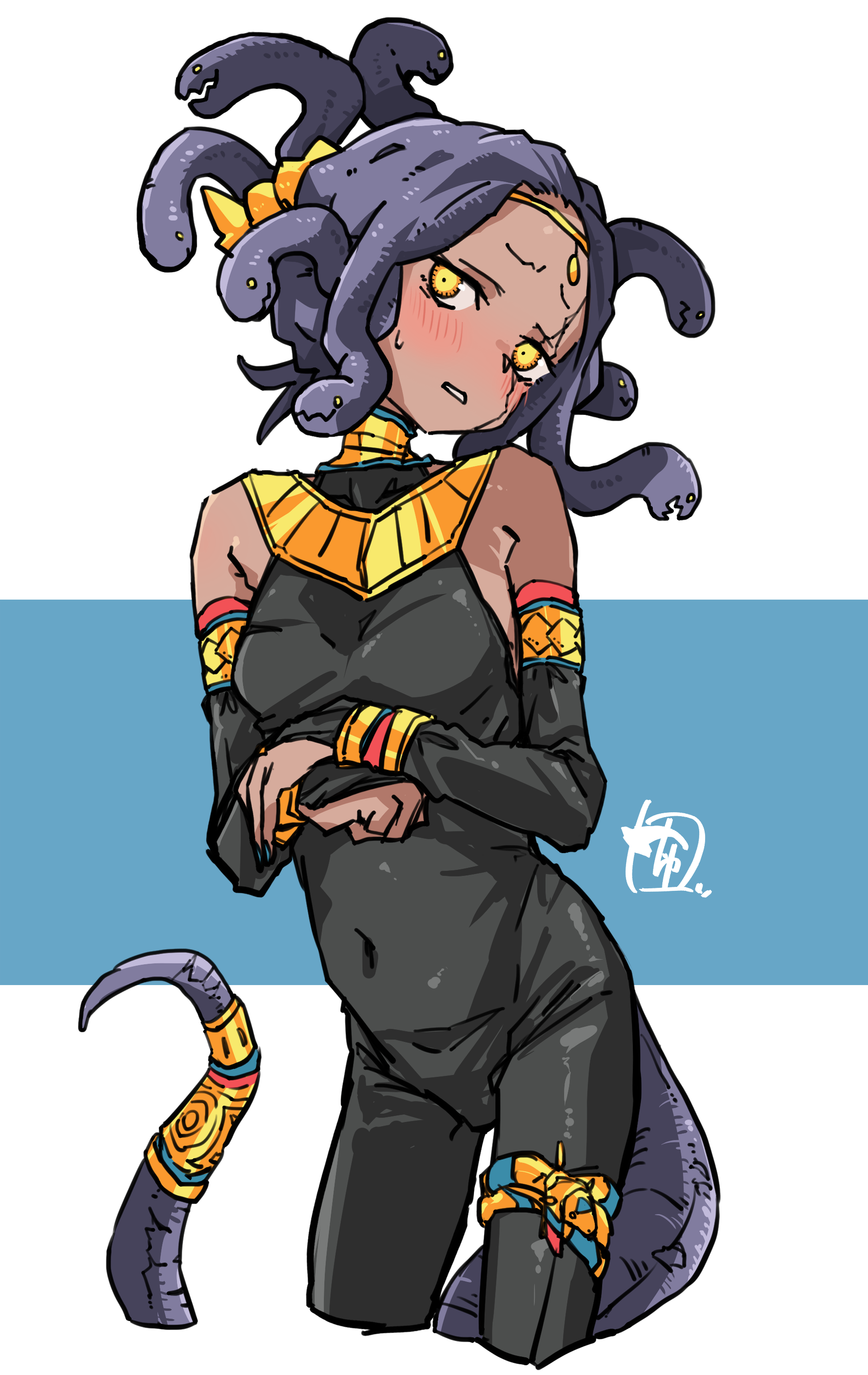 chiwa (fcwv5738), original, absurdres, highres, 1girl, bare shoulders, black bodysuit, black sleeves, blush, bodysuit, bracelet, breasts, contrapposto, covered navel, cracked skin, cropped legs, dark-skinned female, dark skin, detached sleeves, gold, head tilt, jewelry, looking at viewer, monster girl, purple tail, sleeveless, sleeveless bodysuit, small breasts, snake hair, snake tail, solo, sweatdrop, tail, tail ornament, thighlet, tiara, yellow eyes