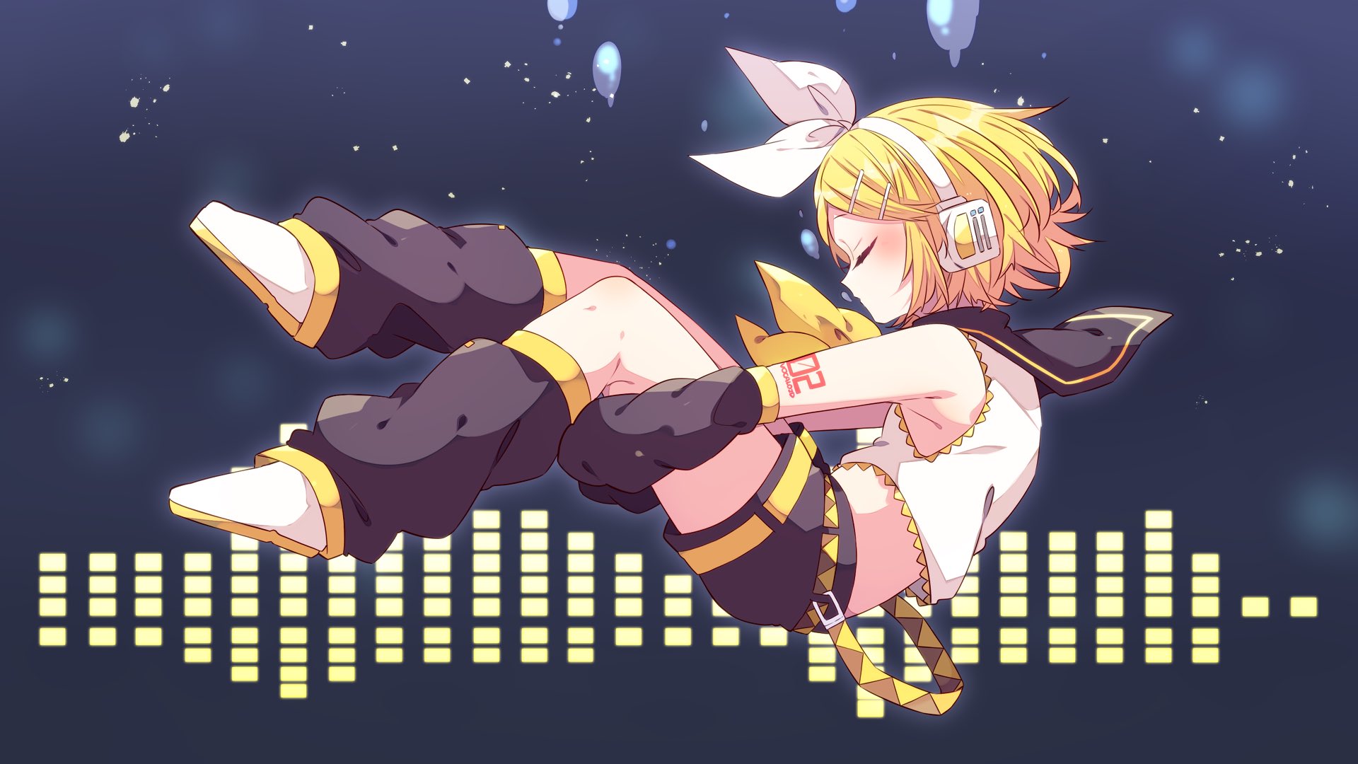 kaho 0102, kagamine rin, vocaloid, commentary request, highres, 1girl, arm warmers, audio visualizer, bare shoulders, black sailor collar, black shorts, blonde hair, blue background, blush, closed eyes, closed mouth, cropped shirt, full body, hair ribbon, headset, hugging own legs, leg warmers, neckerchief, number tattoo, ribbon, sailor collar, shirt, shoes, short hair, shorts, sleeveless, sleeveless shirt, solo, tattoo, white ribbon, white shirt, white shoes, yellow neckerchief